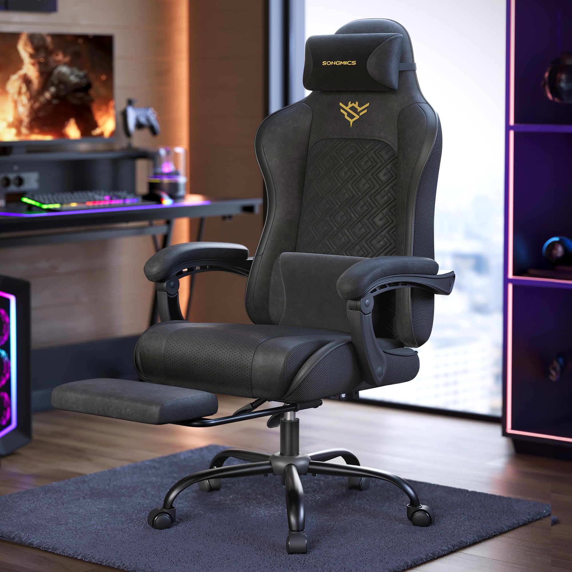 SONGMICS Gaming Chair - Ergonomic Recline with Retractable Footrest | Ink Black | Max Load 150 kg 1