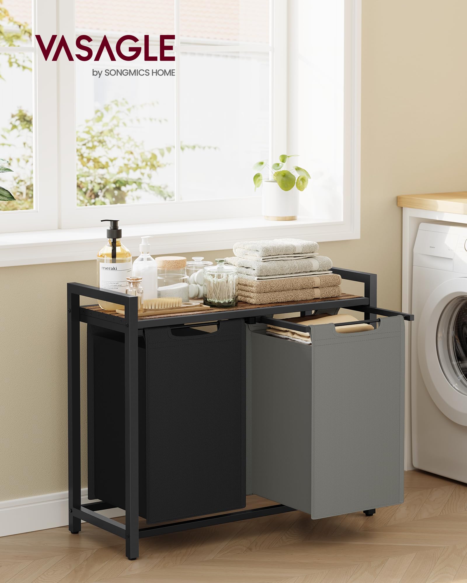 VASAGLE 2-Compartment Laundry Hamper with Shelf | 92 L Capacity | Removable Liners