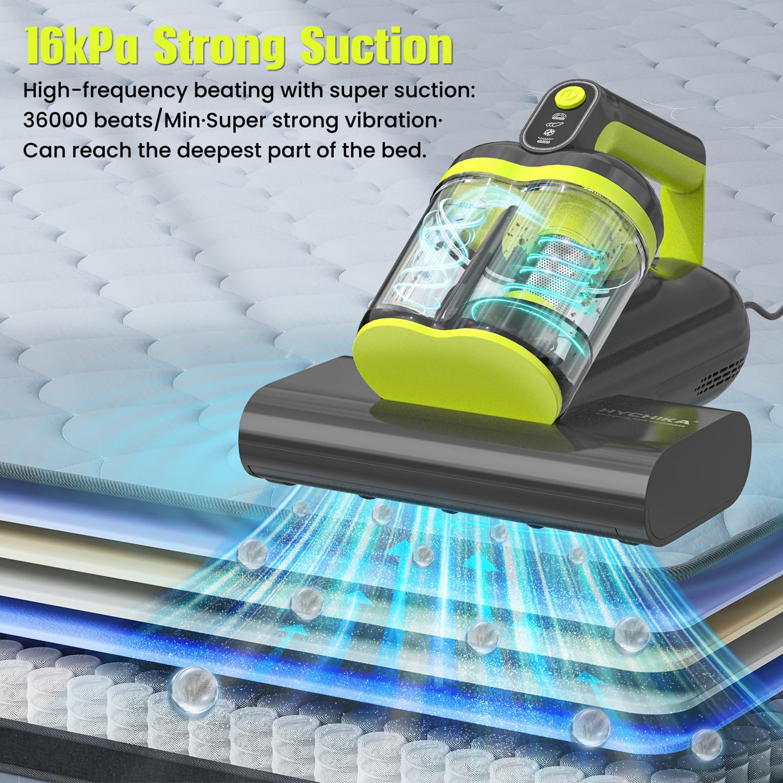 HYCHIKA Mattress Vacuum Cleaner - 16kPa Suction, 5-in-1 Deep Cleaning with UV-C Light & Heat 2