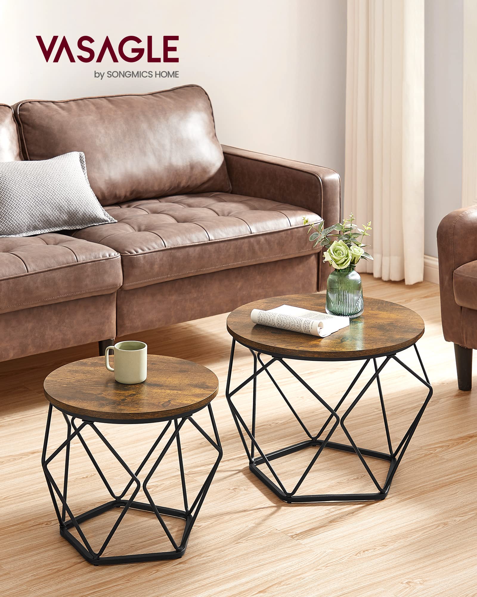 VASAGLE Set of 2 Industrial Coffee Tables - Rustic Brown/Black | Chipboard & Steel | Max Load 20kg