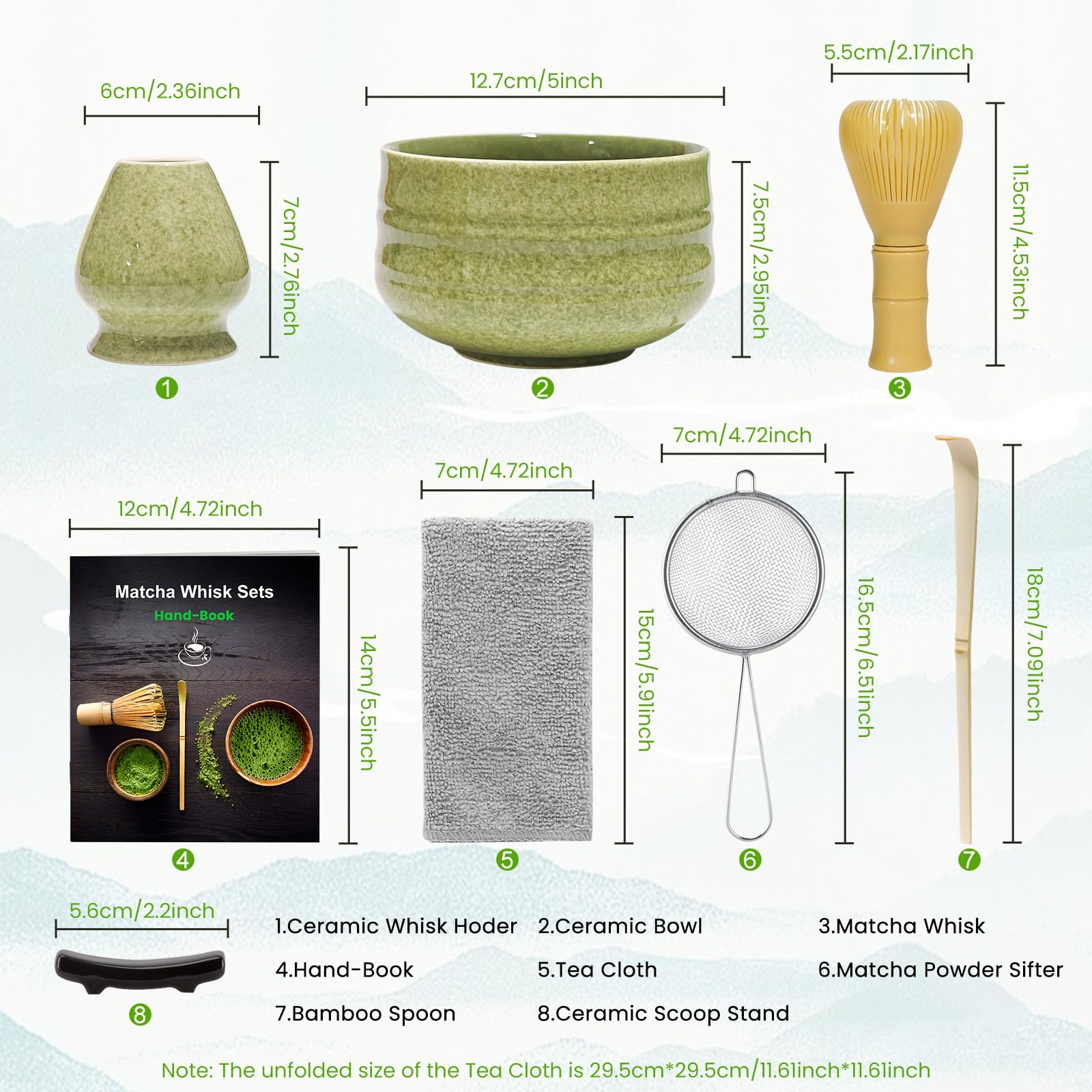 Lafefe 7-Piece Matcha Set - Includes Yellow Resin Whisk, Grey Bowl, Chashaku, and Strainer