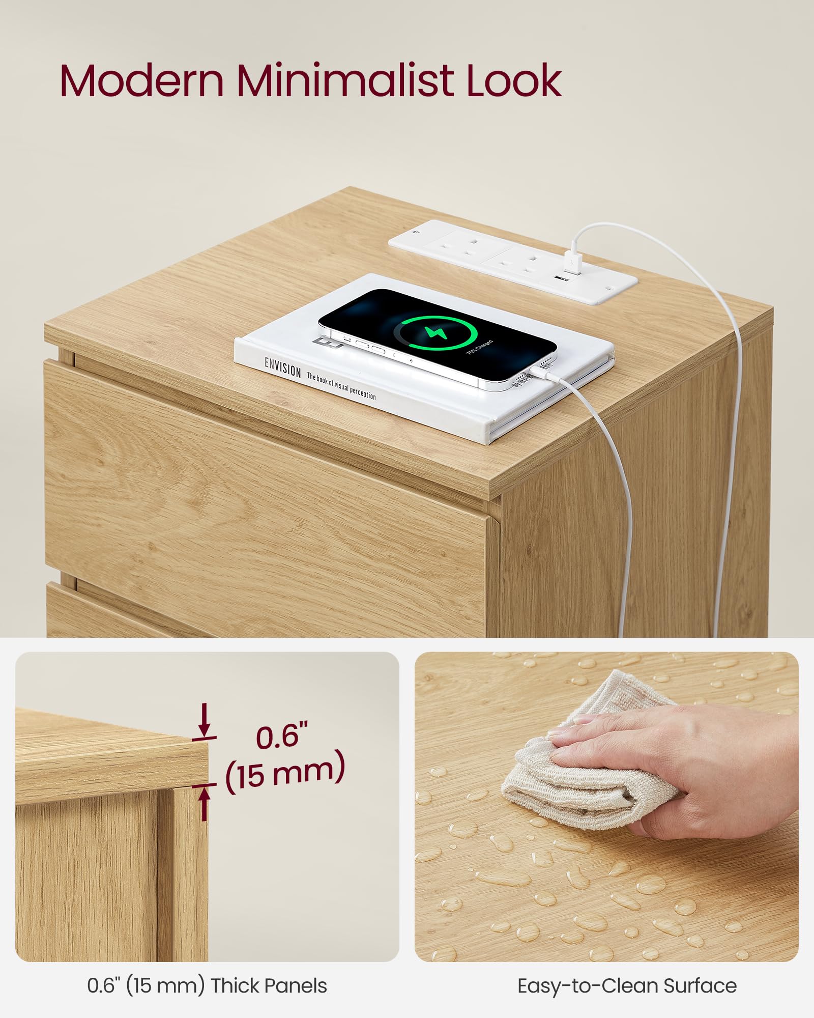 VASAGLE KAILYN Collection Bedside Table with Power Strip | 2 AC Outlets, 2 USB Ports | Straw Yellow 7