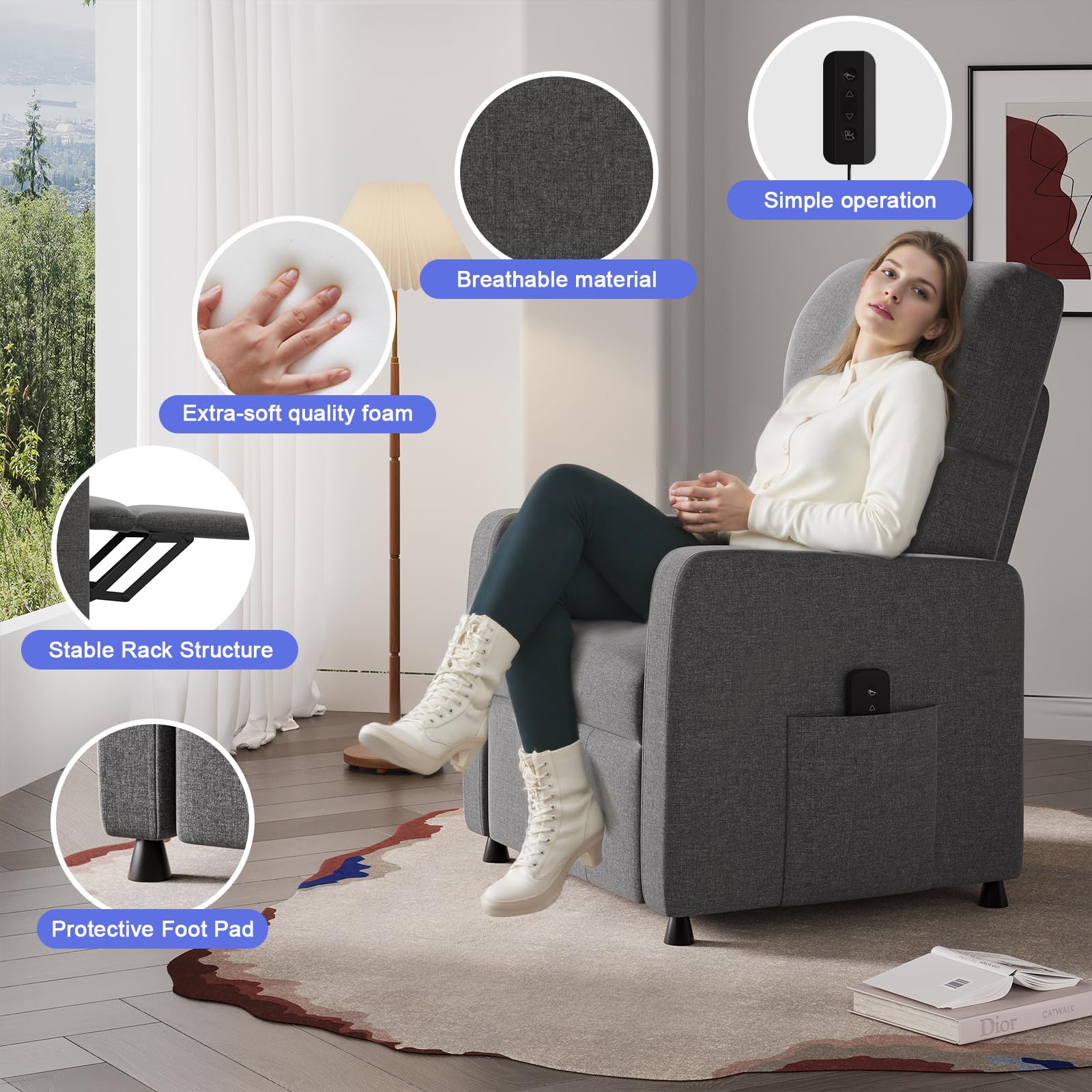 JUMMICO Electric Recliner Armchair - Grey Fabric, Stepless Adjustment up to 155° 7
