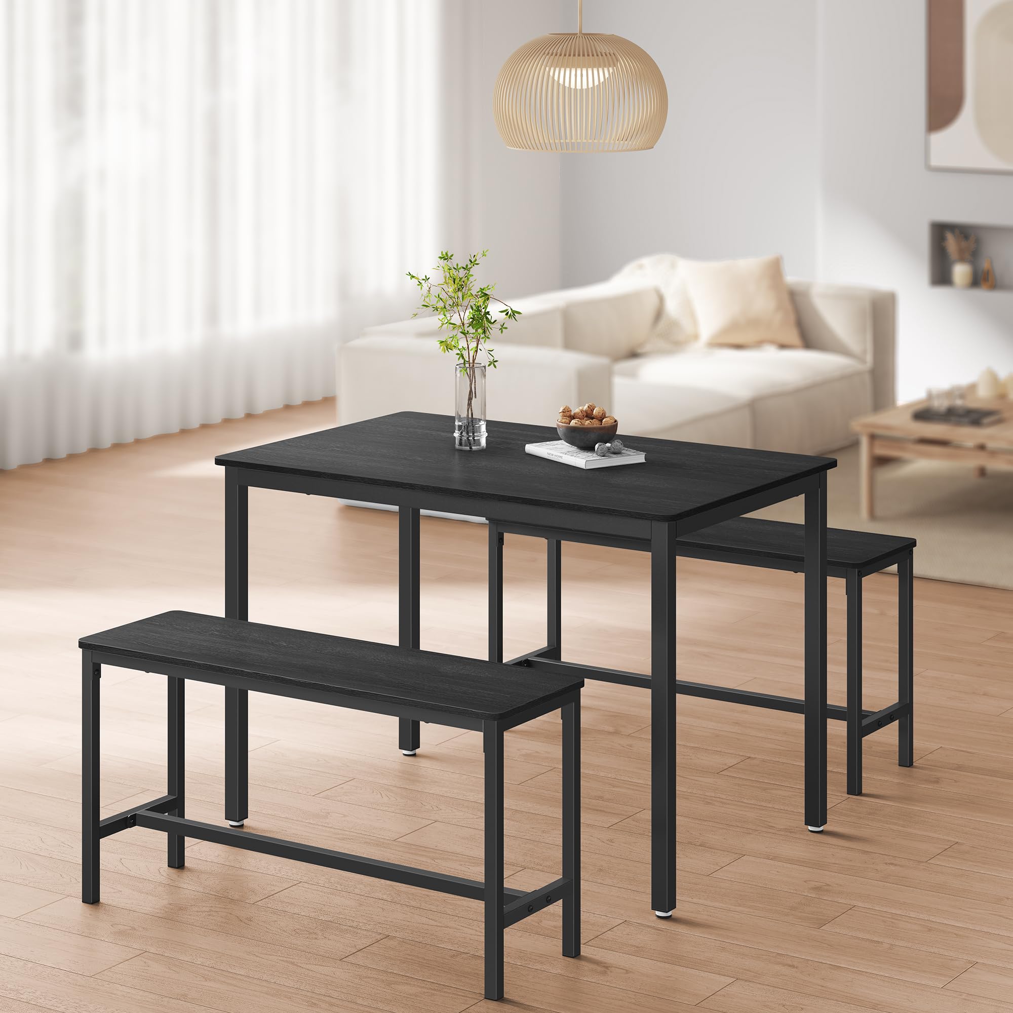 VASAGLE 3 Piece Dining Table Set with 2 Benches | Industrial Design | Seats 4 | Charcoal Grey & Ink Black 4