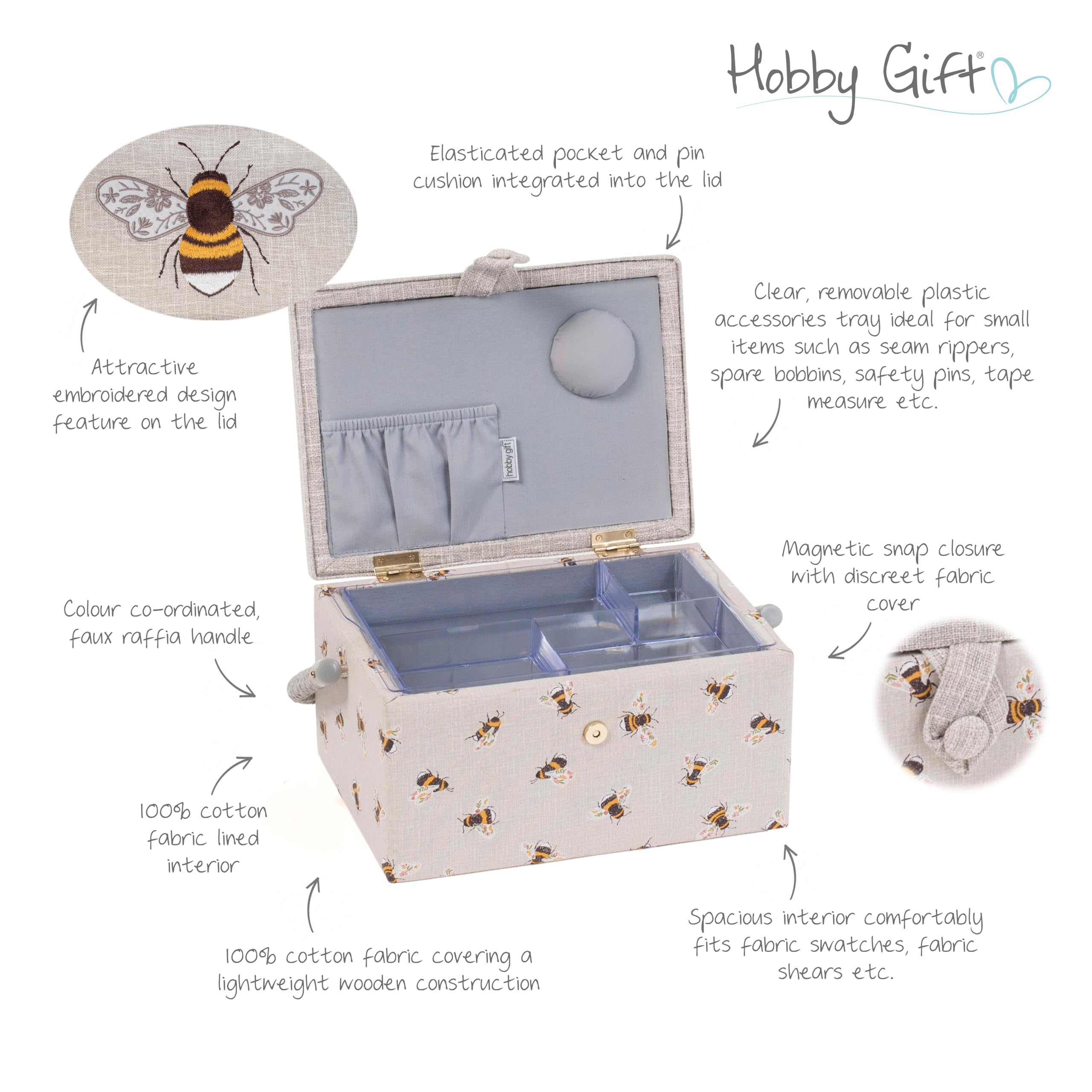 Hobby Gift Medium Sewing Basket - Embroidered Bee | Wood/Fabric | Includes Tray & Pincushion 3
