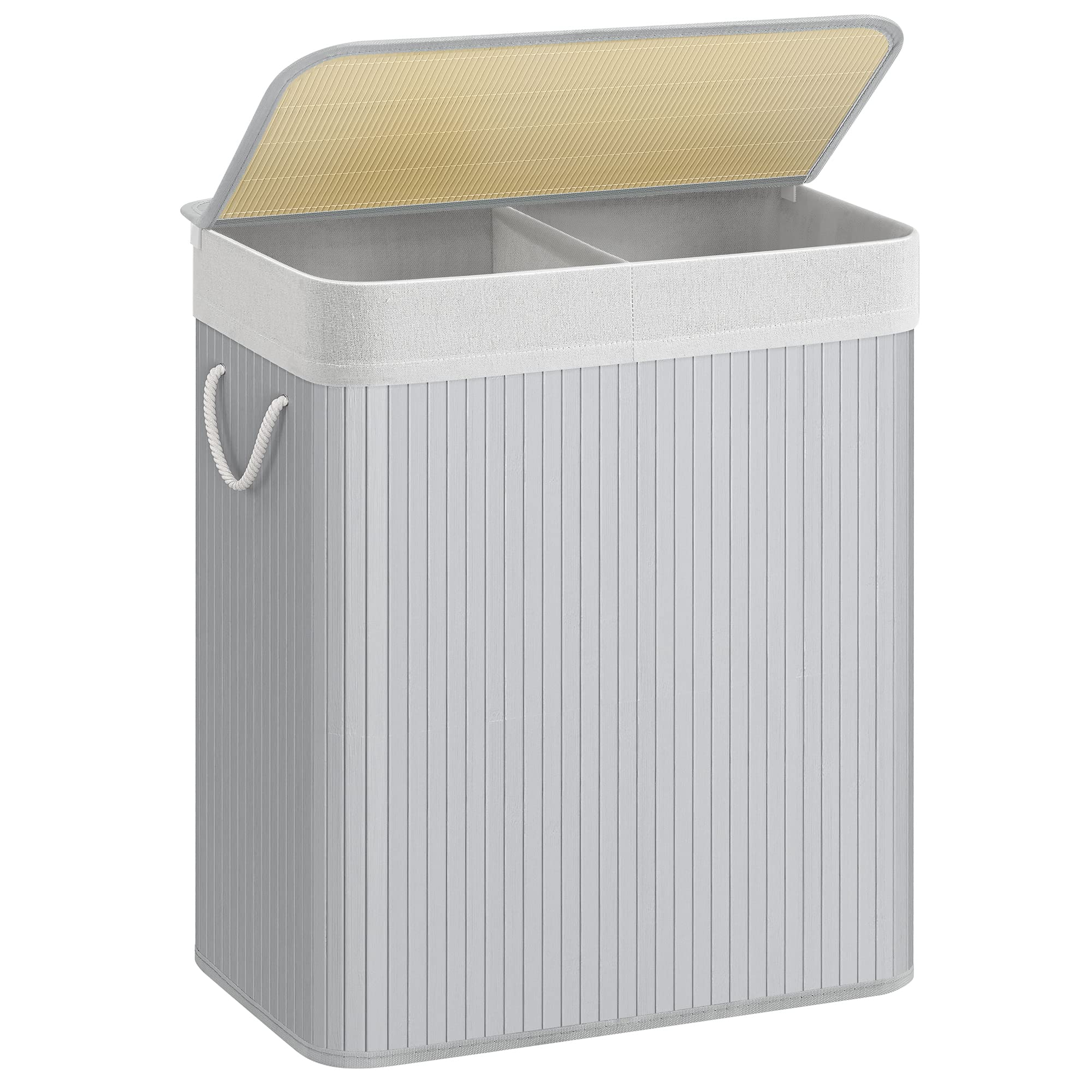 SONGMICS Bamboo Laundry Basket with Lid - 100L Volume, 2 Sorting Compartments, Removable Bag, Grey 1