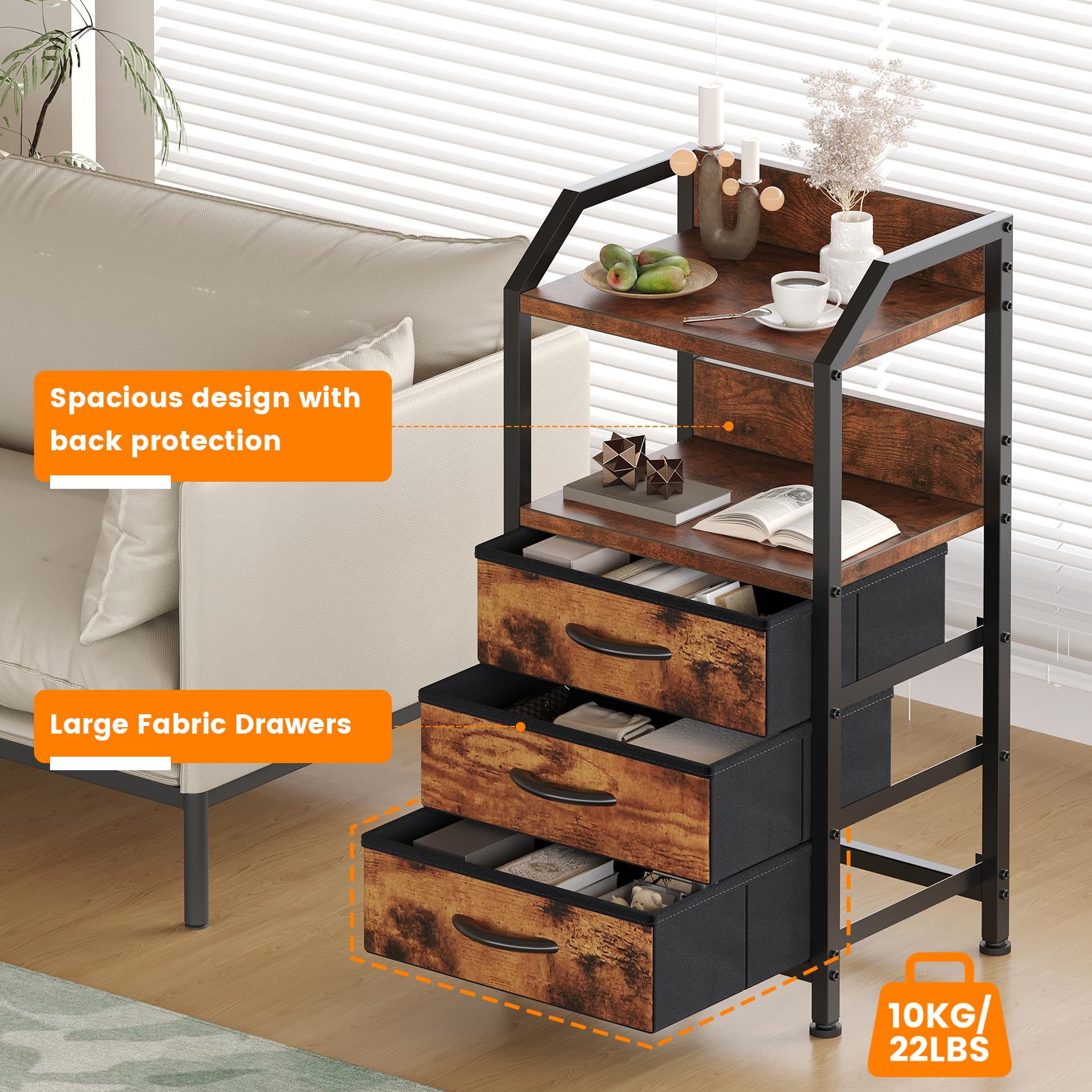 Feonase Bedside Table with 3 Fabric Drawers & Open Shelf | Rustic Brown | 40x30x75 cm 4