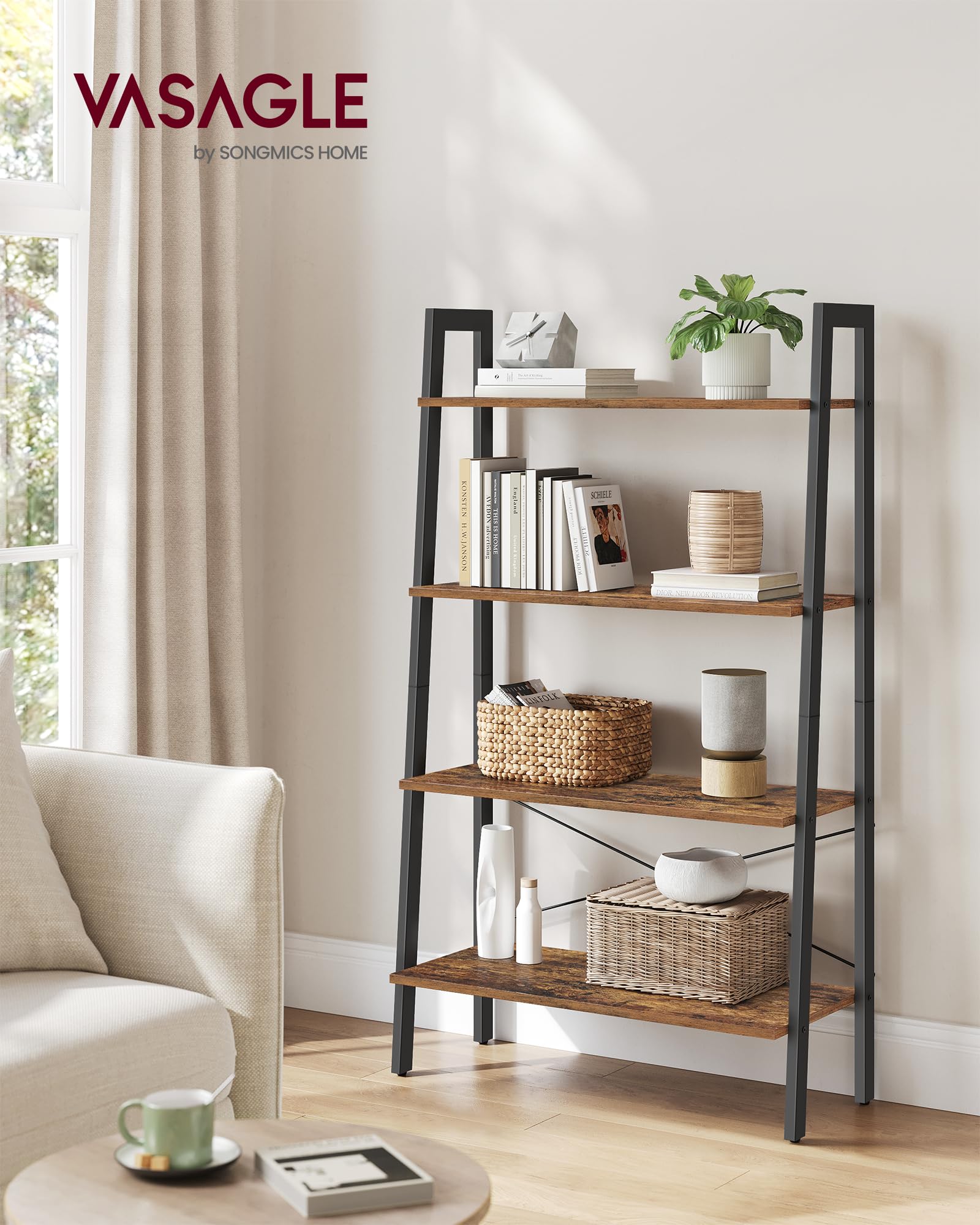 VASAGLE 4-Tier Ladder Shelf Bookcase - Industrial Style, Steel Frame, Rustic Brown & Black | 80 cm Wide 2