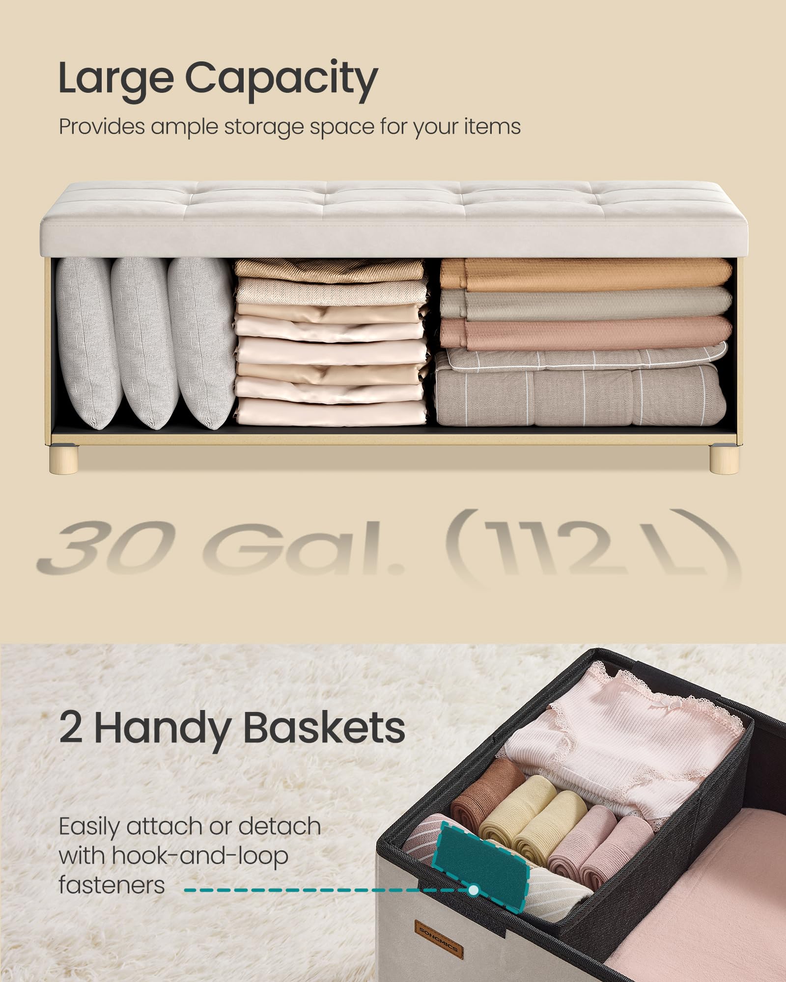 SONGMICS Storage Ottoman - 112L Capacity, Velvet Surface, 300 kg Load | Cappuccino Beige 6
