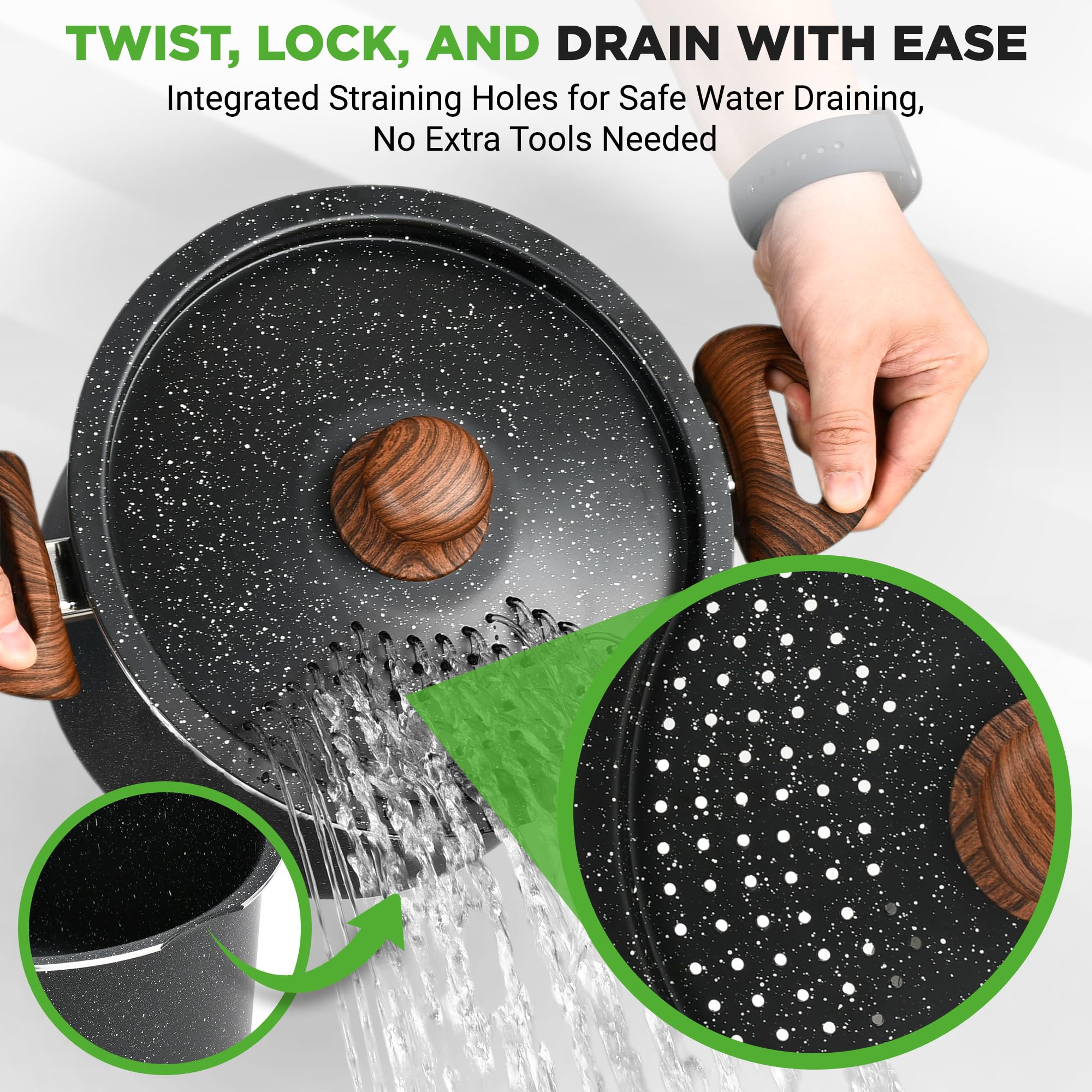 Nutrichef 5.1L Nonstick Pasta Pot with Strainer Lid and Pasta Fork | Aluminum | Black 2