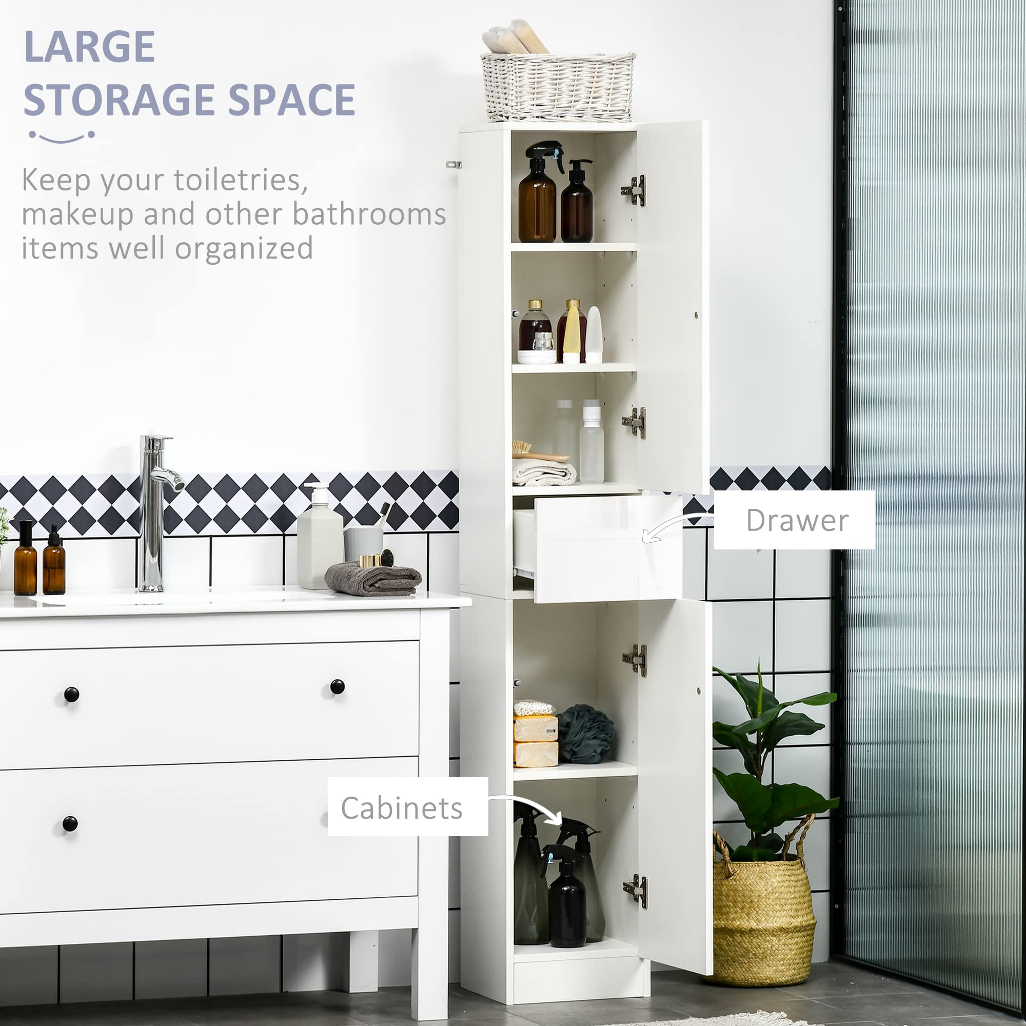 kleankin Tall Bathroom Cabinet - High Gloss Storage | Adjustable Shelves | 170H x 30W x 28Dcm 4