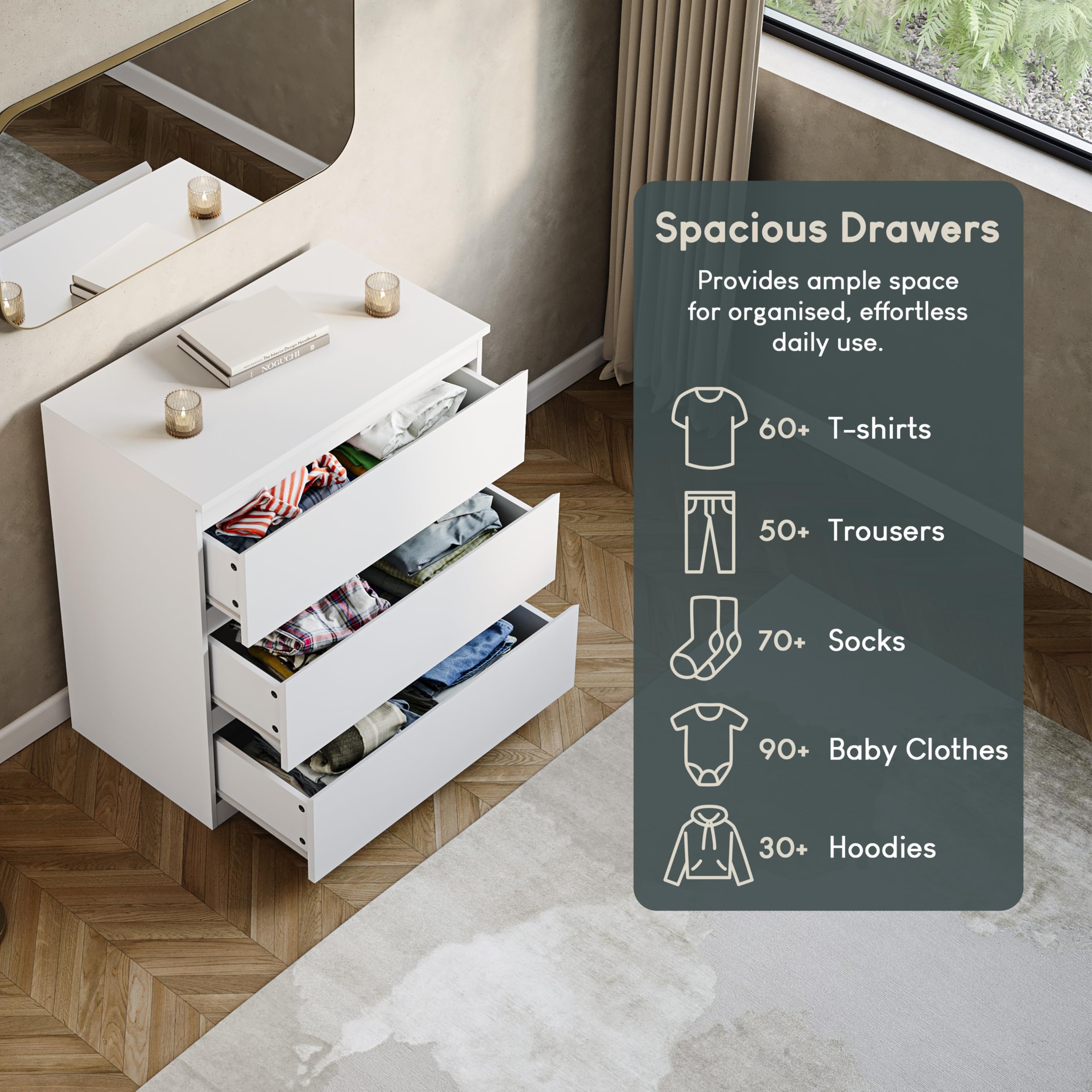 Vida Designs Denver 3 Drawer Chest of Drawers - White | 70W x 40D x 77.5H cm 4