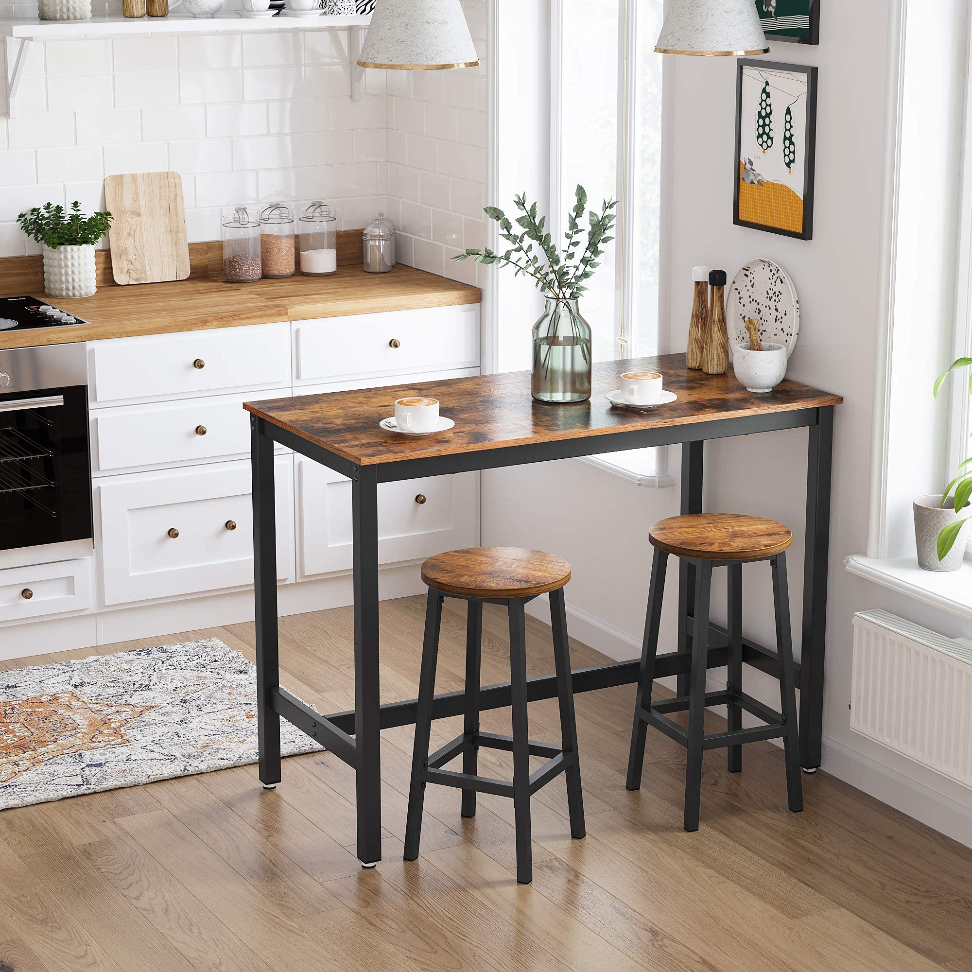 VASAGLE Set of 2 Bar Stools - Industrial Style, Rustic Brown & Black, Steel Frame, 65 cm Height | LBC32X 2