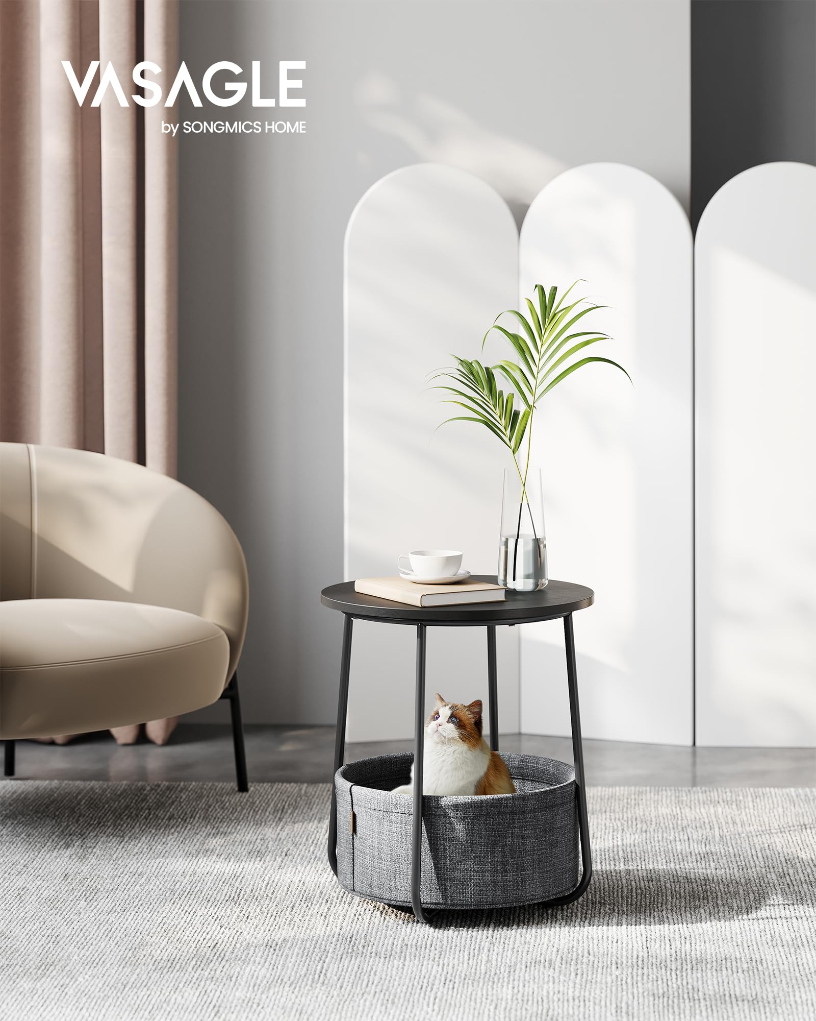 VASAGLE Round End Table with Fabric Basket | Ebony Black | 45 x 50 cm 3