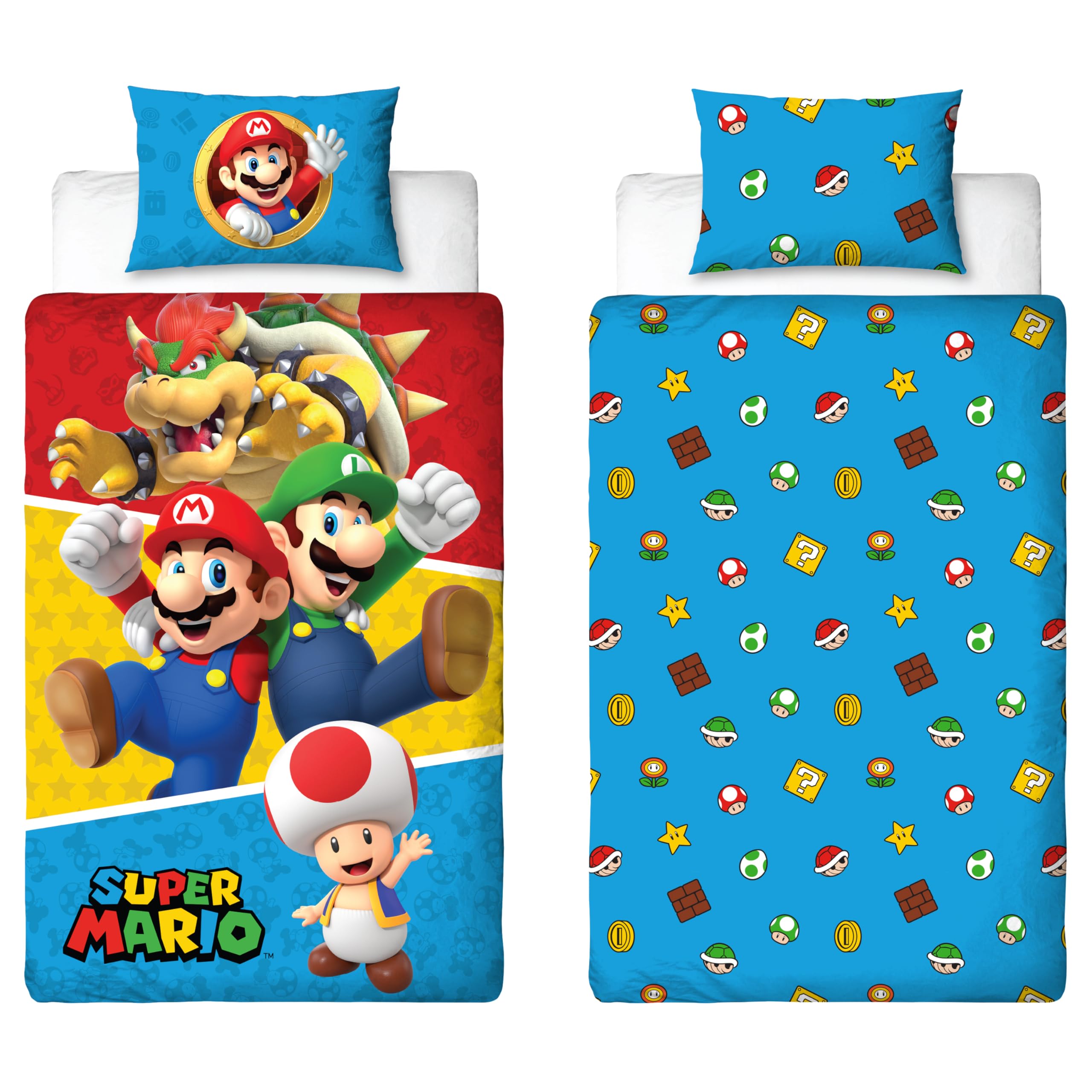 Character World Nintendo Super Mario Official Single Duvet Cover Set, Reversible Splitter Design 1