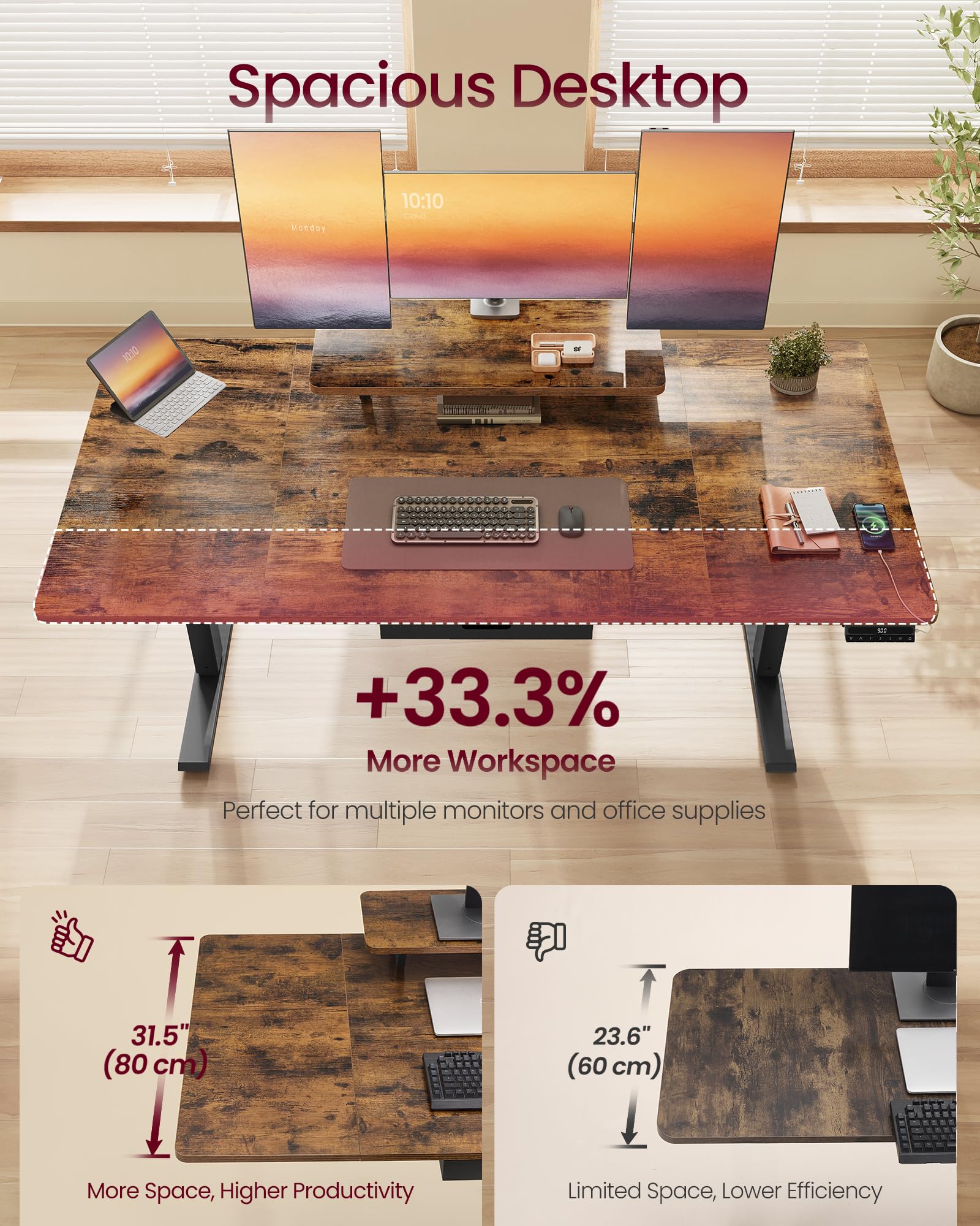 VASAGLE Electric Standing Desk - Height Adjustable 140 x 70 cm | 3 Memory Presets | Rustic Brown 4