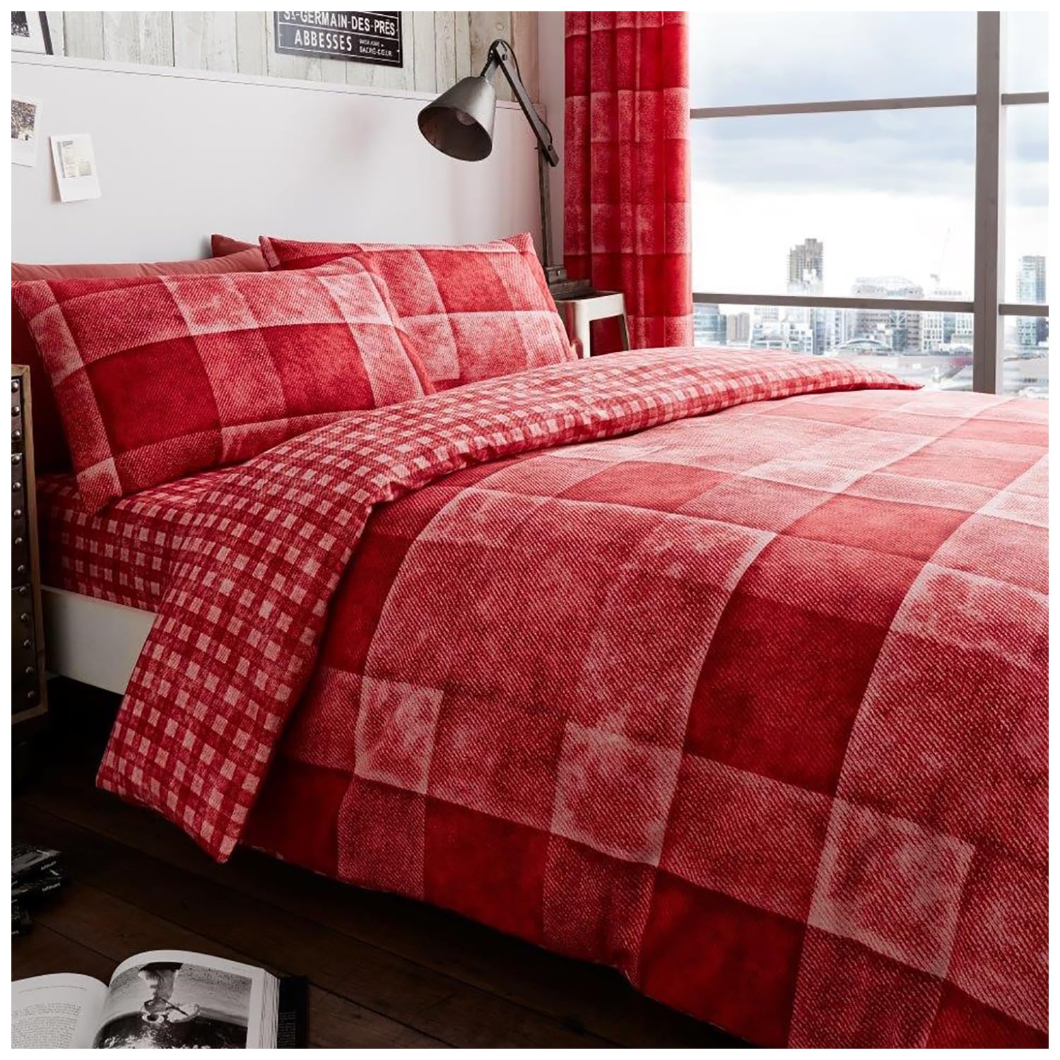GC GAVENO CAVAILIA Soft & Cosy Check Double Duvet Cover Set | Polycotton | Denim-Red 1