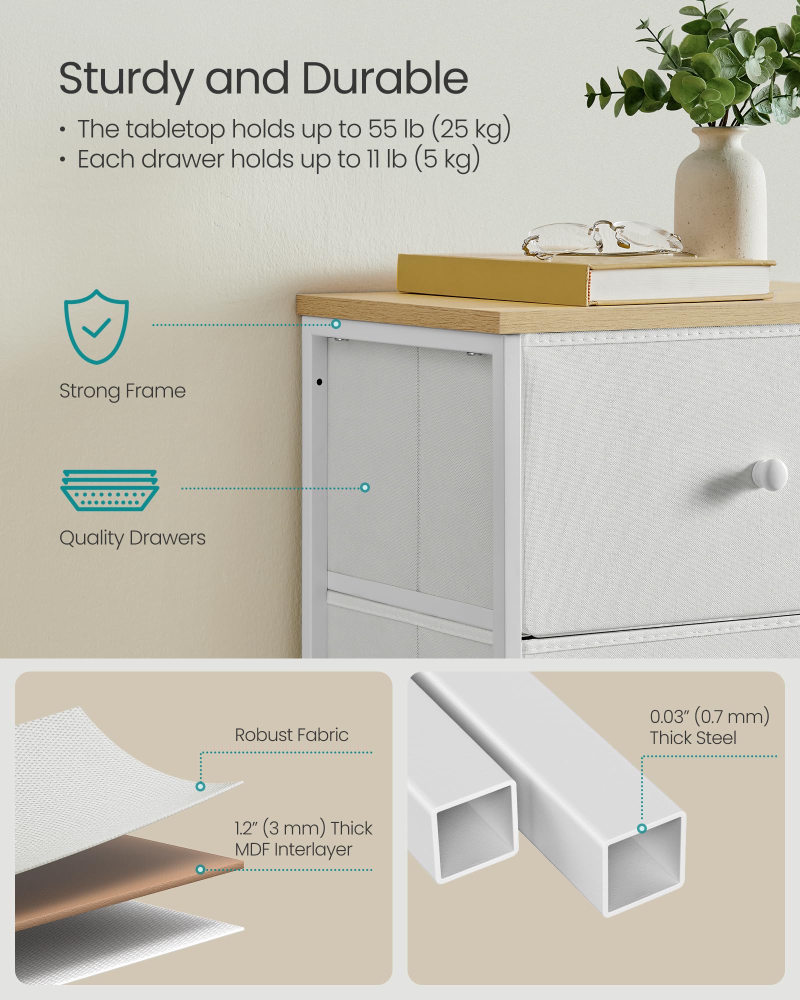 SONGMICS 5-Drawer Chest of Drawers - Tall Slim Storage Unit with Metal Frame | Camel Yellow & Cream White 6