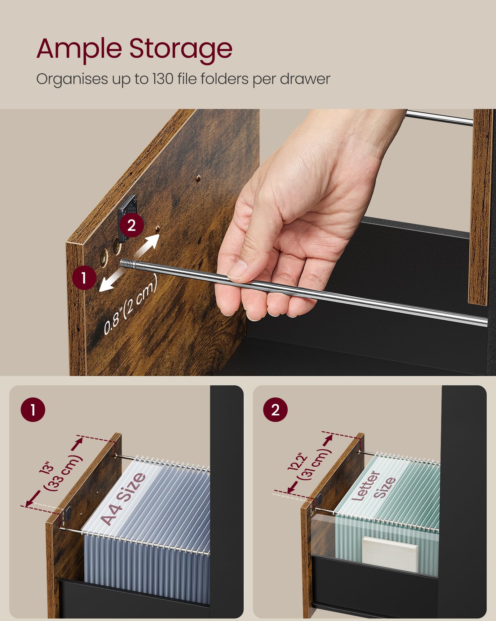 VASAGLE Vertical File Cabinet - 4 Lockable Drawers, Adjustable Rails for A4/Letter Files | Rustic Brown/Ink Black 5