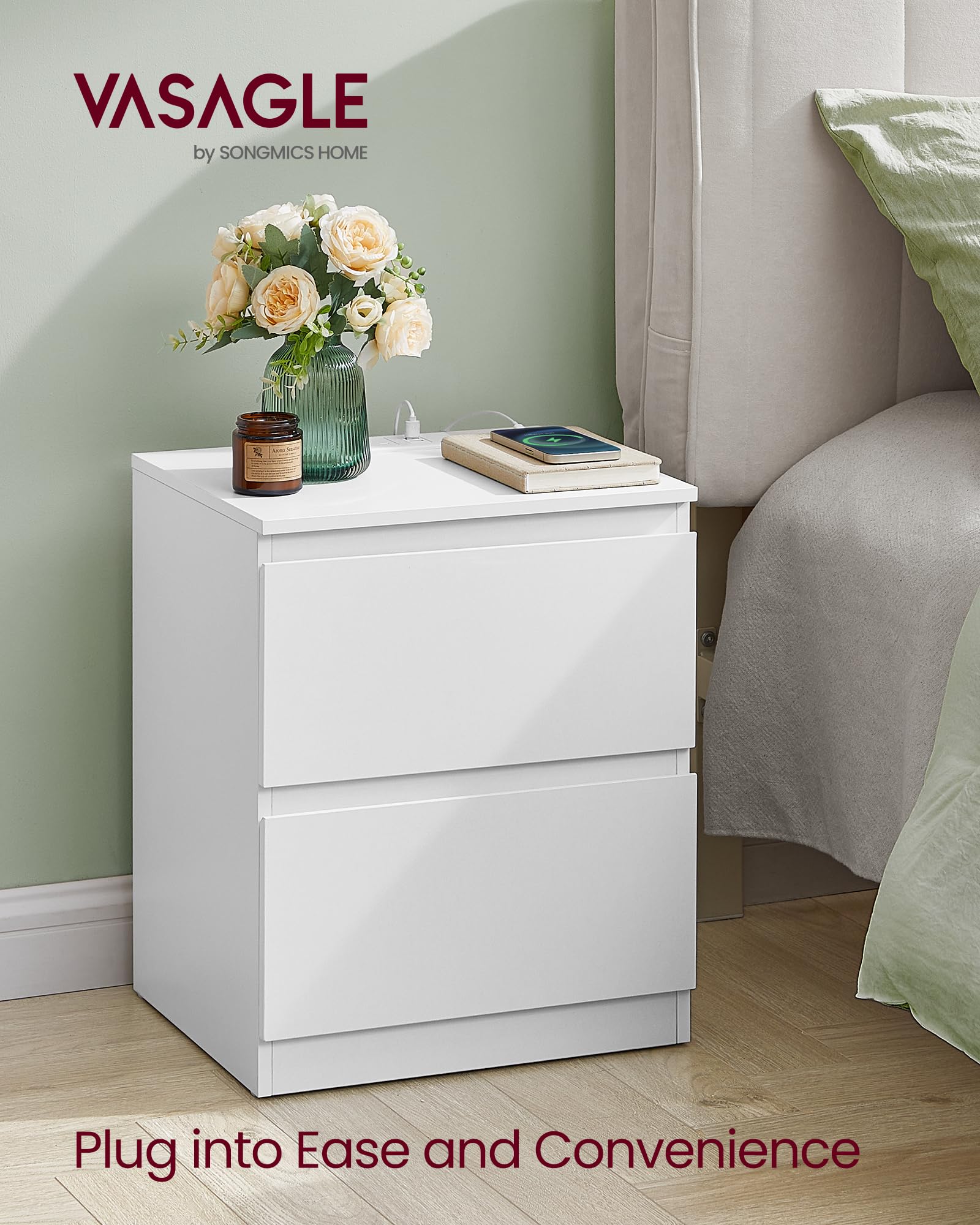 VASAGLE KAILYN Collection Nightstands with Charging Station - Set of 2, Cloud White 3