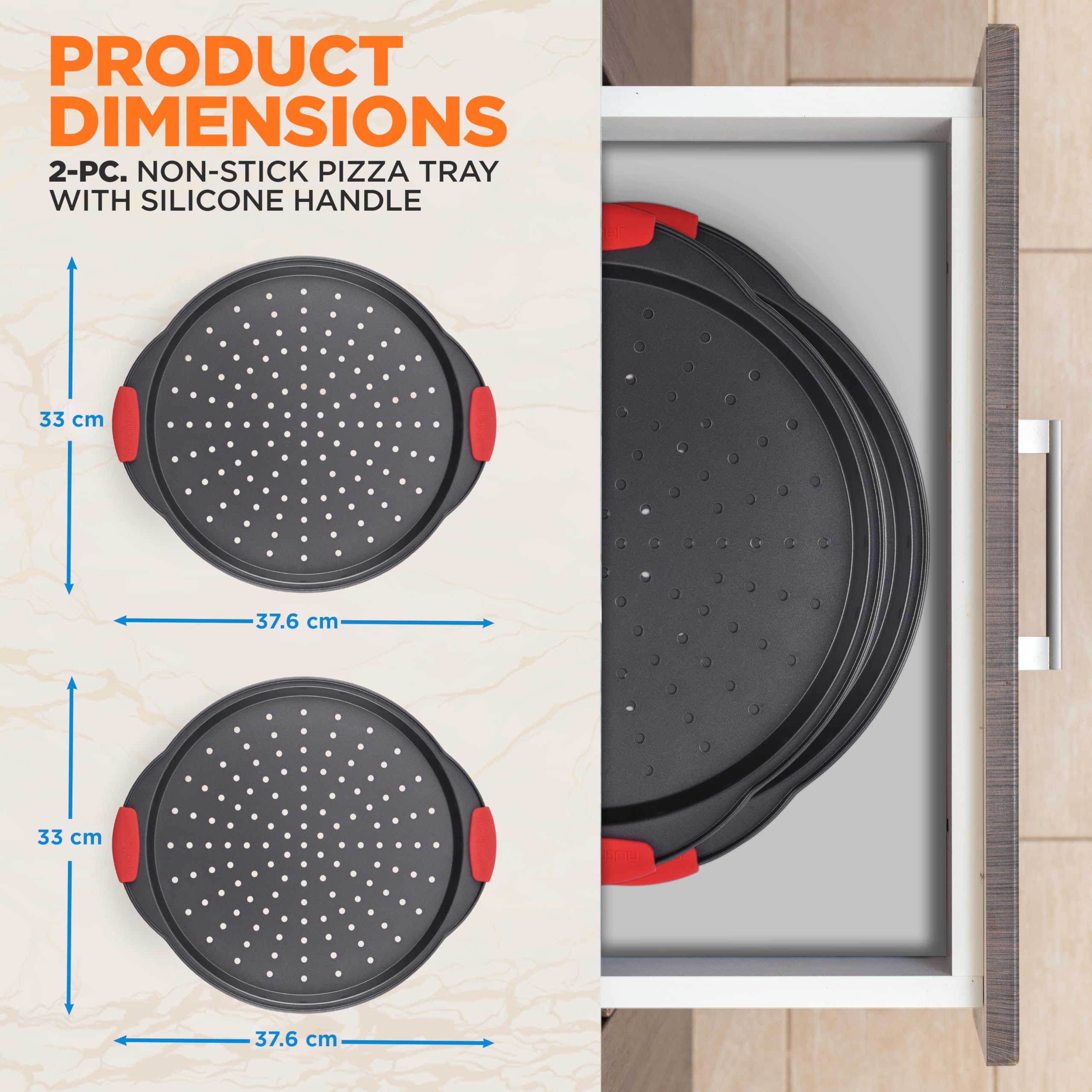 NutriChef 2-Pc. Non-Stick Pizza Tray - Round Steel with Perforated Holes | Dishwasher Safe 2