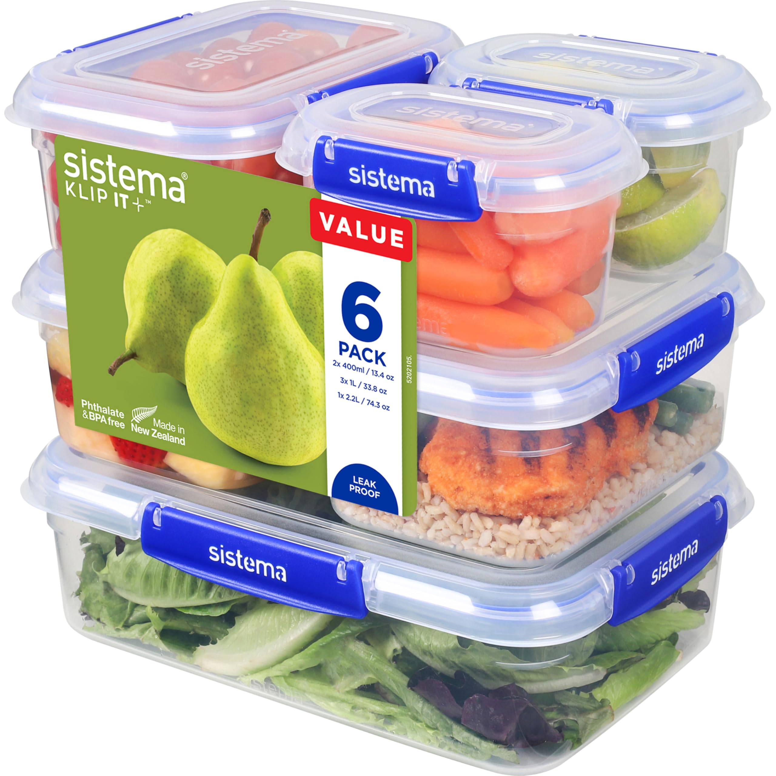 Sistema KLIP IT PLUS Leakproof Food Storage Containers - 2.2 L, 1 L, 400 ml | Airtight & Stackable | 6 Count