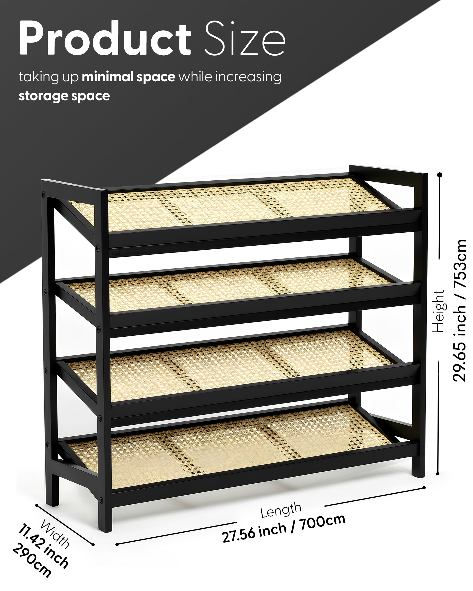 KEPLIN 4 Tier Bamboo and Rattan Shoe Rack - Natural/Black | 70x29x75 cm | Holds 12 Pairs 3