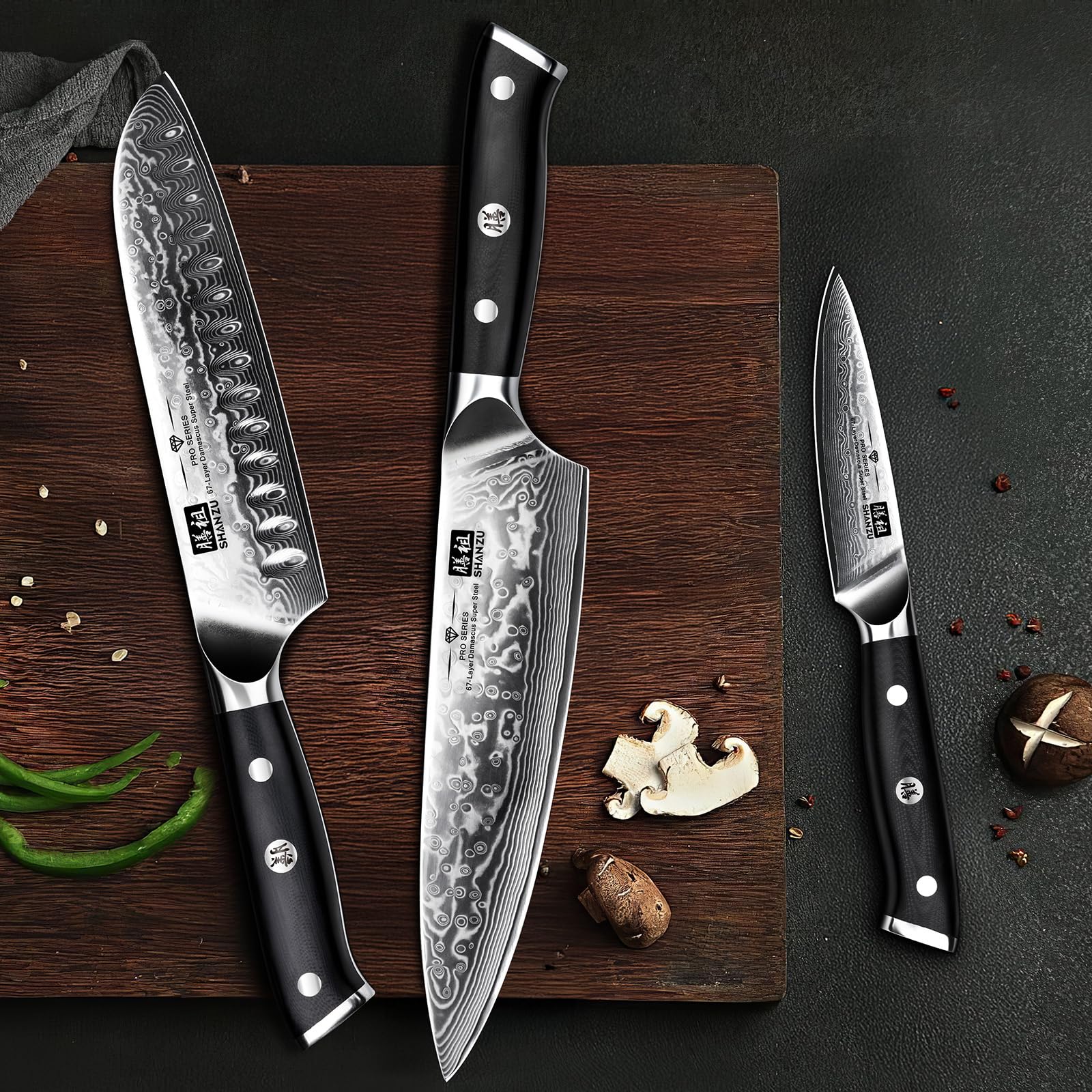SHAN ZU Damascus Steel Knife Set of 3 PCS - 67 Layers High Carbon | G10 Handle 7