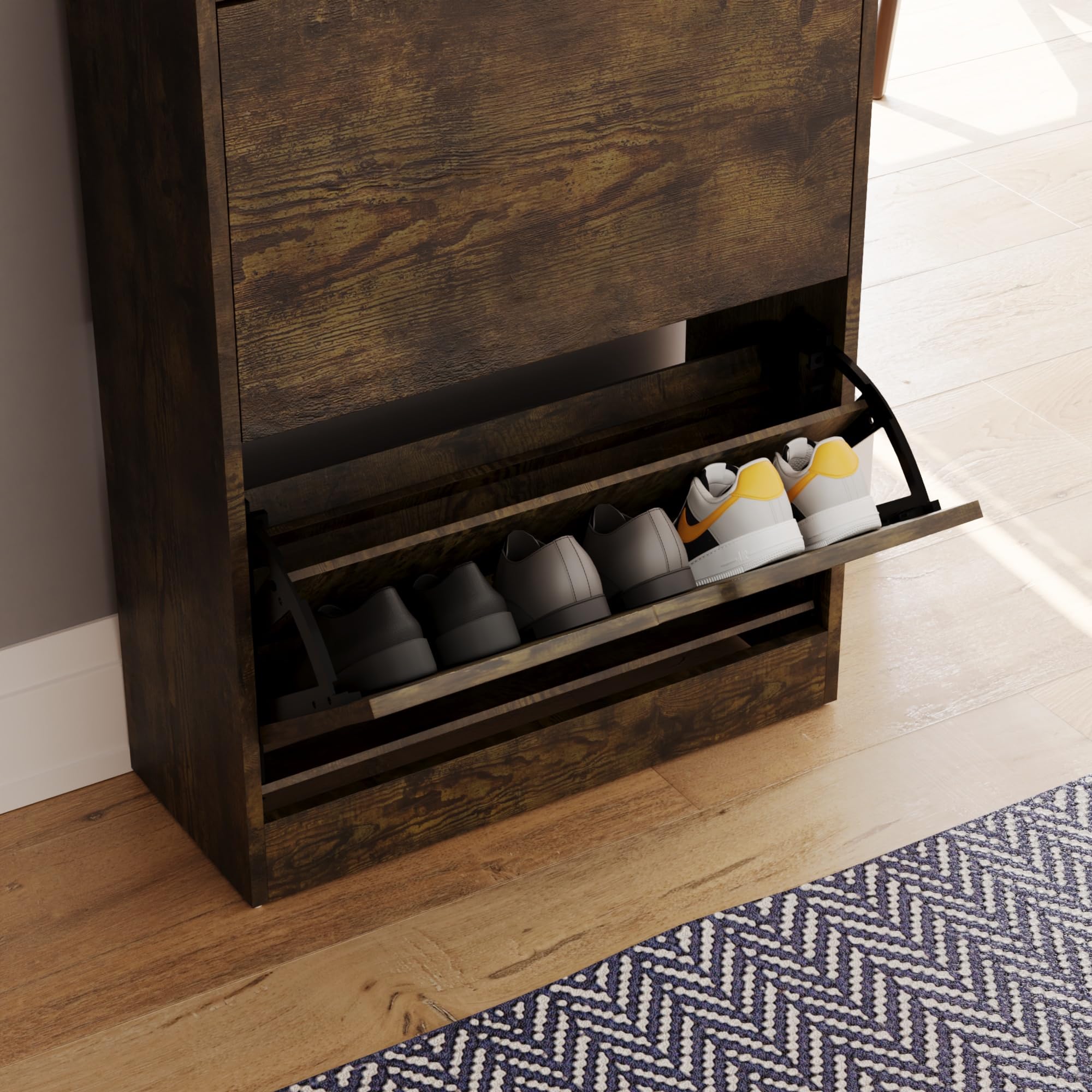 Vida Designs Wooden Shoe Cabinet - 2 Flip Drawers | Space-Saving Slim Design | Dark Wood 4