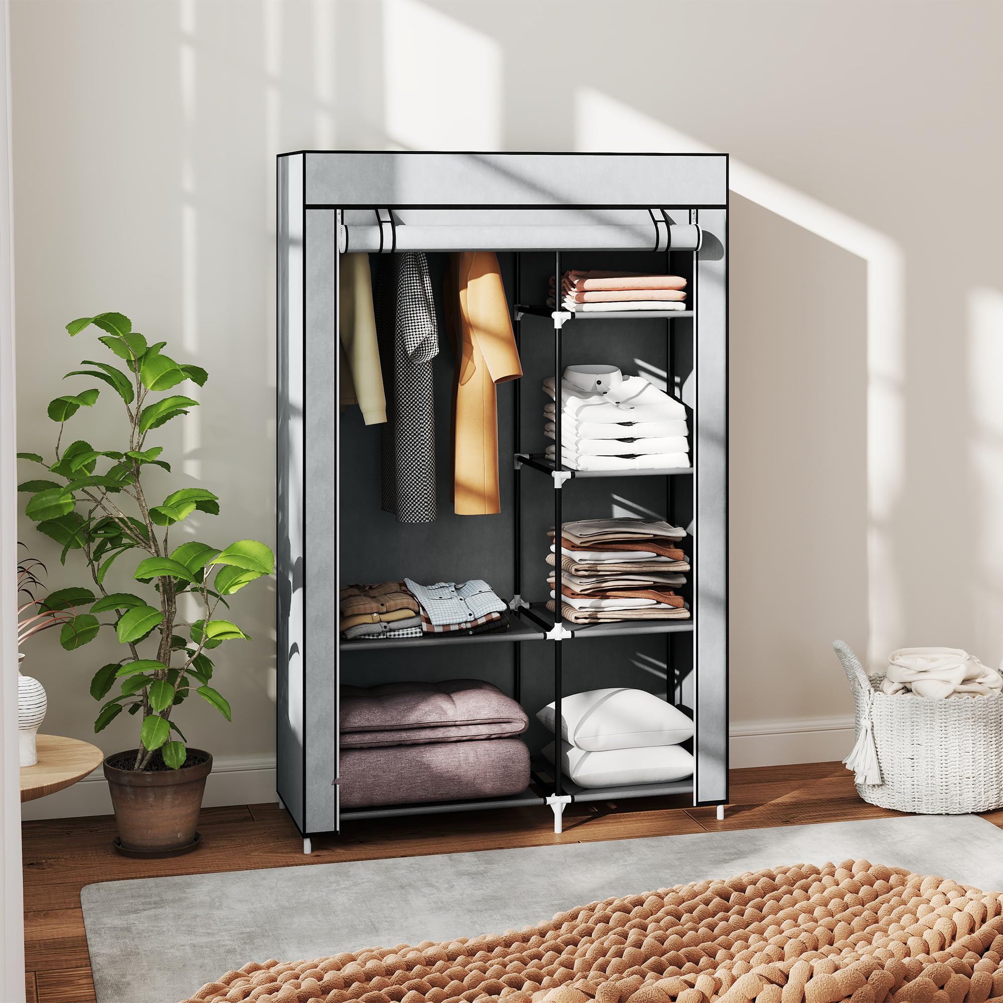 HOMCOM Portable Foldable Closet with 6 Shelves and Hanging Rail | Light Grey | 103W x 43D x 162.5H cm 6