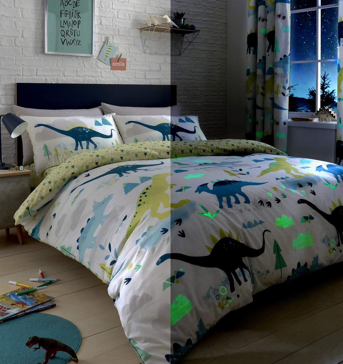 Bedlam Kids Dino Glow In The Dark Duvet Cover Set - Single Size, Polyester/Cotton Blend 1