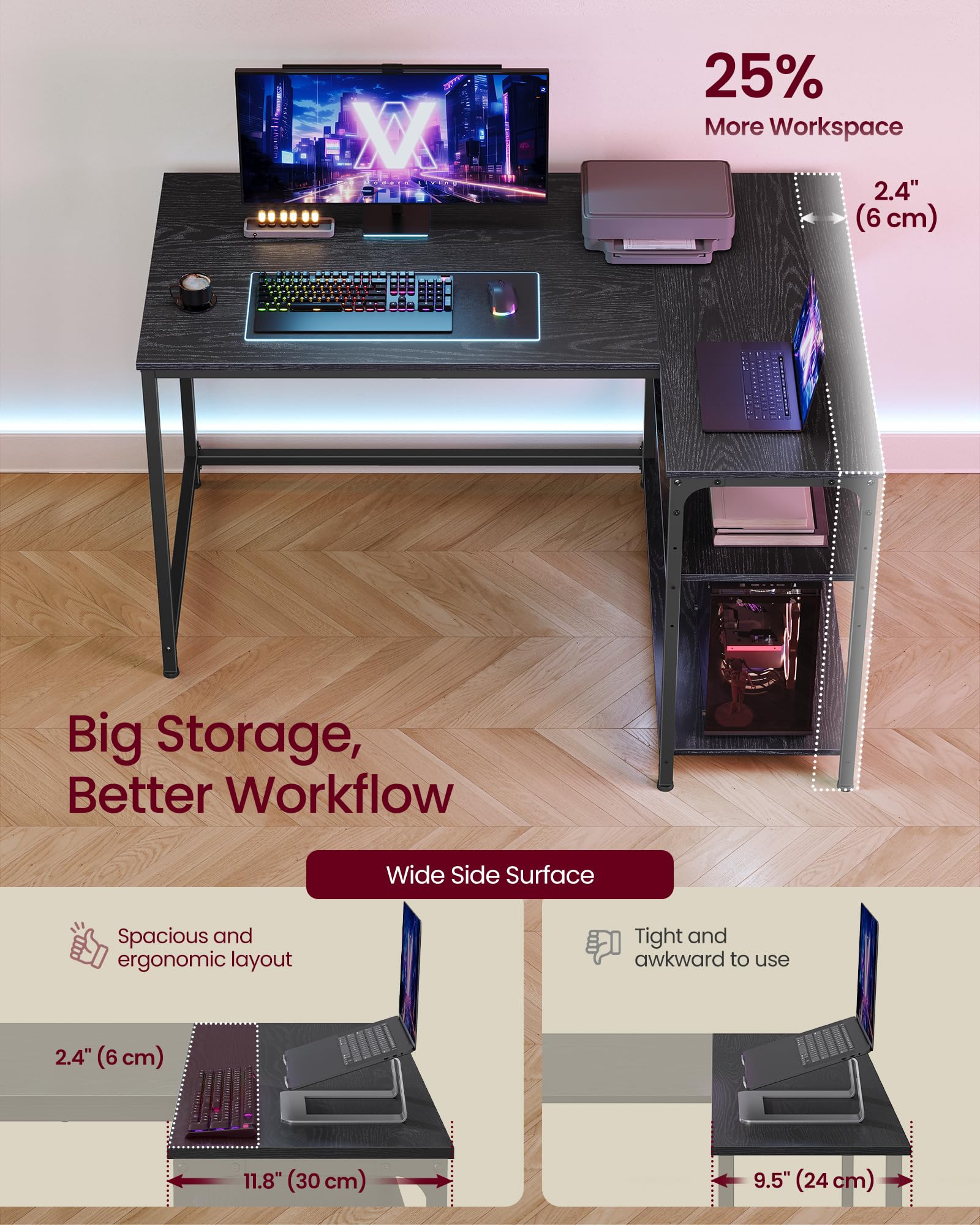 VASAGLE L-Shaped Corner Desk with Reversible Storage | 110 x 80 cm | Ebony Black 4