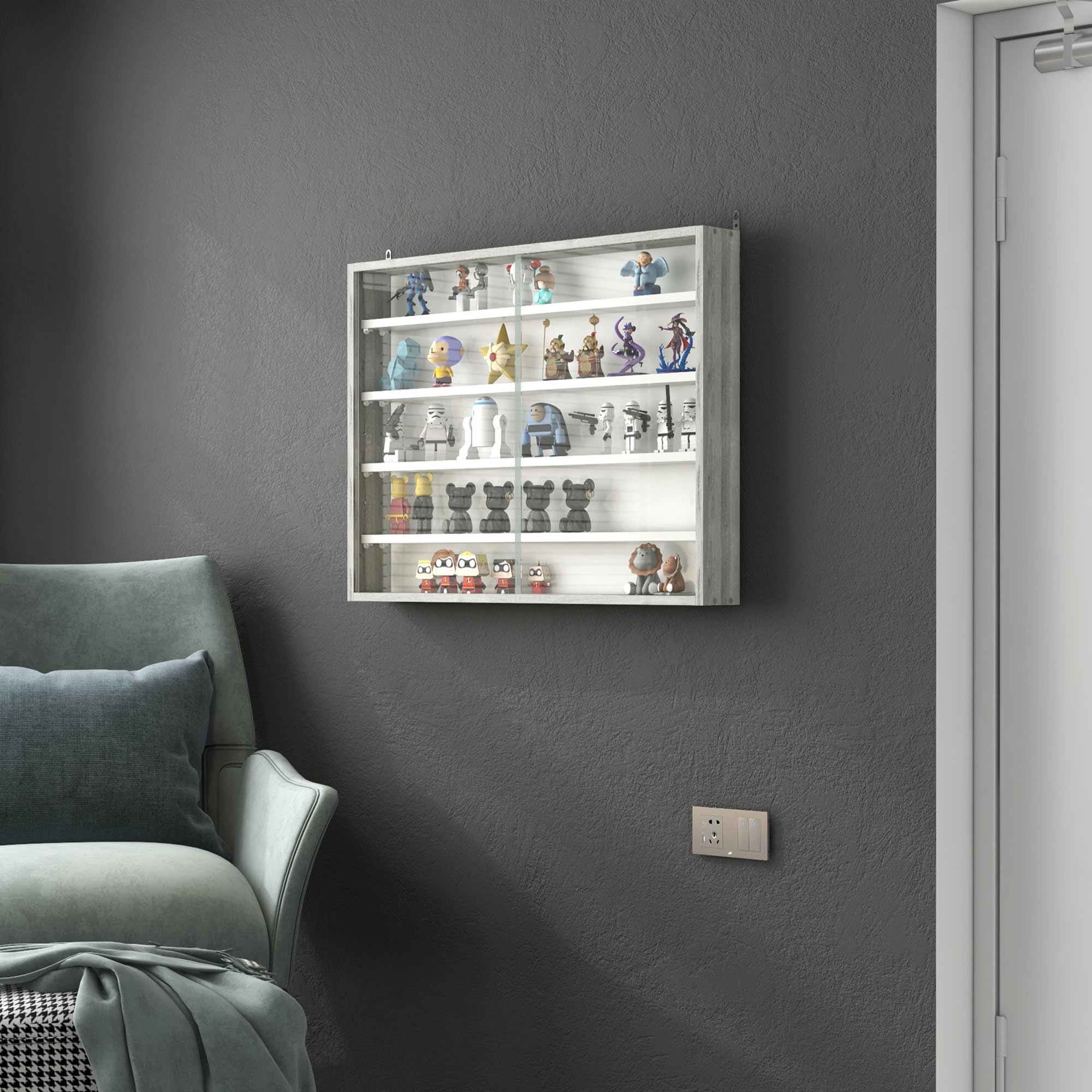 HOMCOM 5-Tier Wall Mounted Display Cabinet - Grey Wood Grain | Adjustable Shelves | Glass Doors 7