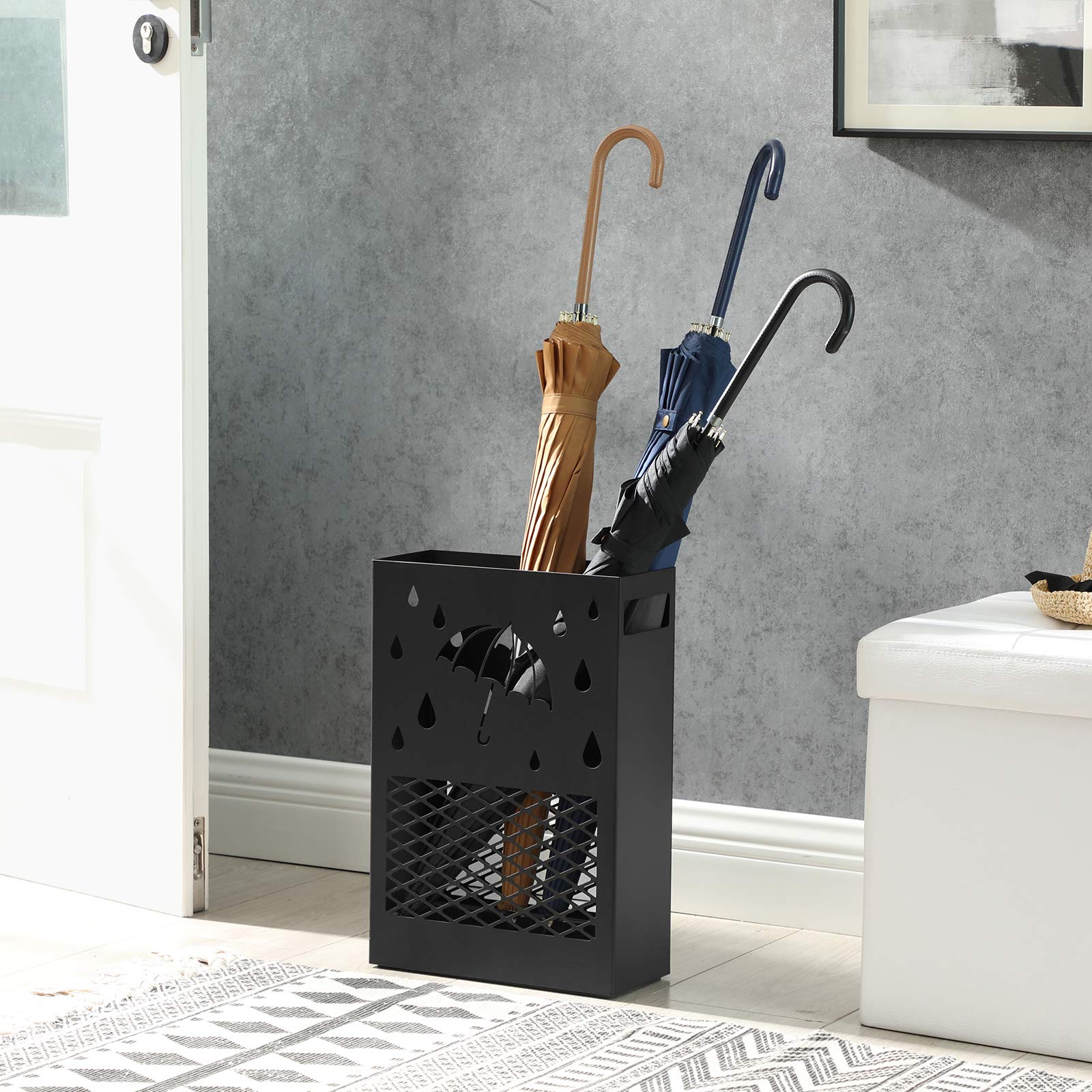 SONGMICS Metal Umbrella Stand - Rectangular Holder with 4 Hooks & Removable Drip Tray | Black 3