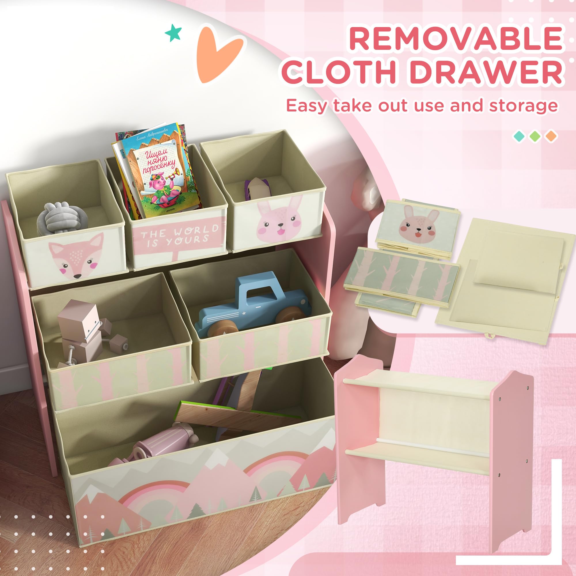ZONEKIZ Kids Toy Storage Unit Organizer with 6 Detachable Fabric Bins | Pink | 63 x 30 x 66 cm 5