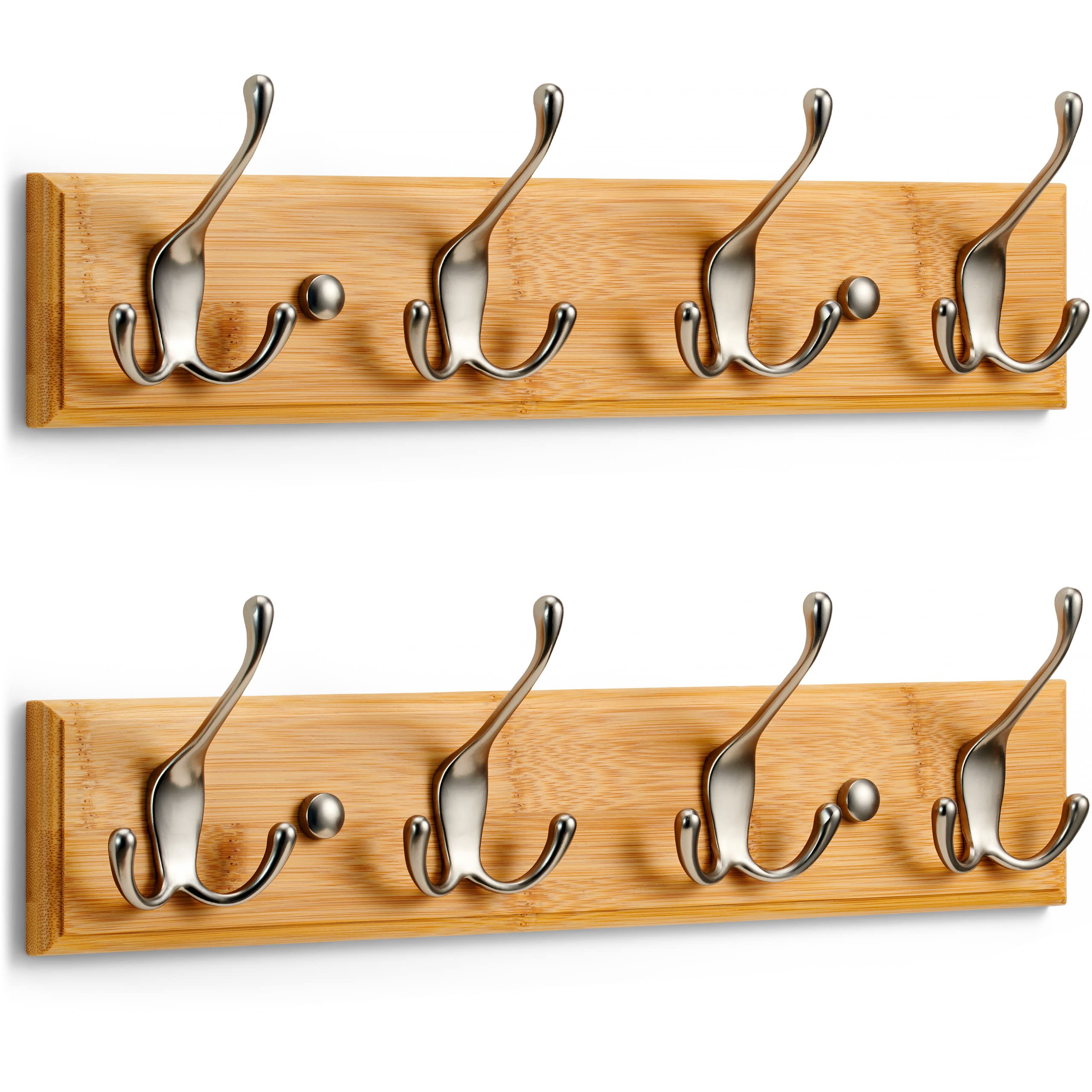 LARHN Wall-Mounted Coat Rack - 4 Matt-Nickel Triple Hooks (2 Pack) | Bamboo & Metal