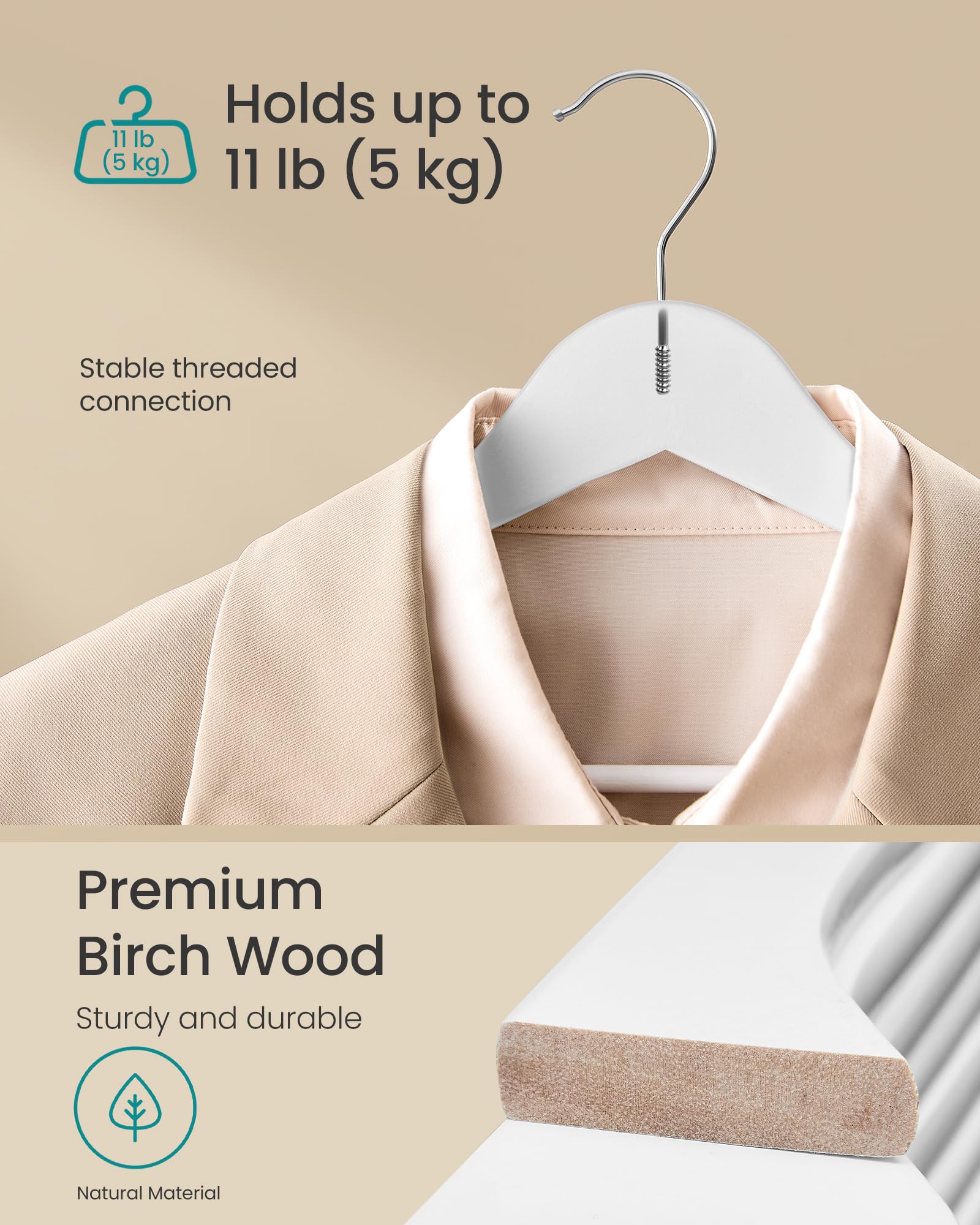 SONGMICS Wooden Hangers - 10 Pack Coat Hangers with Pants Bar | 5kg Capacity | Cloud White 3