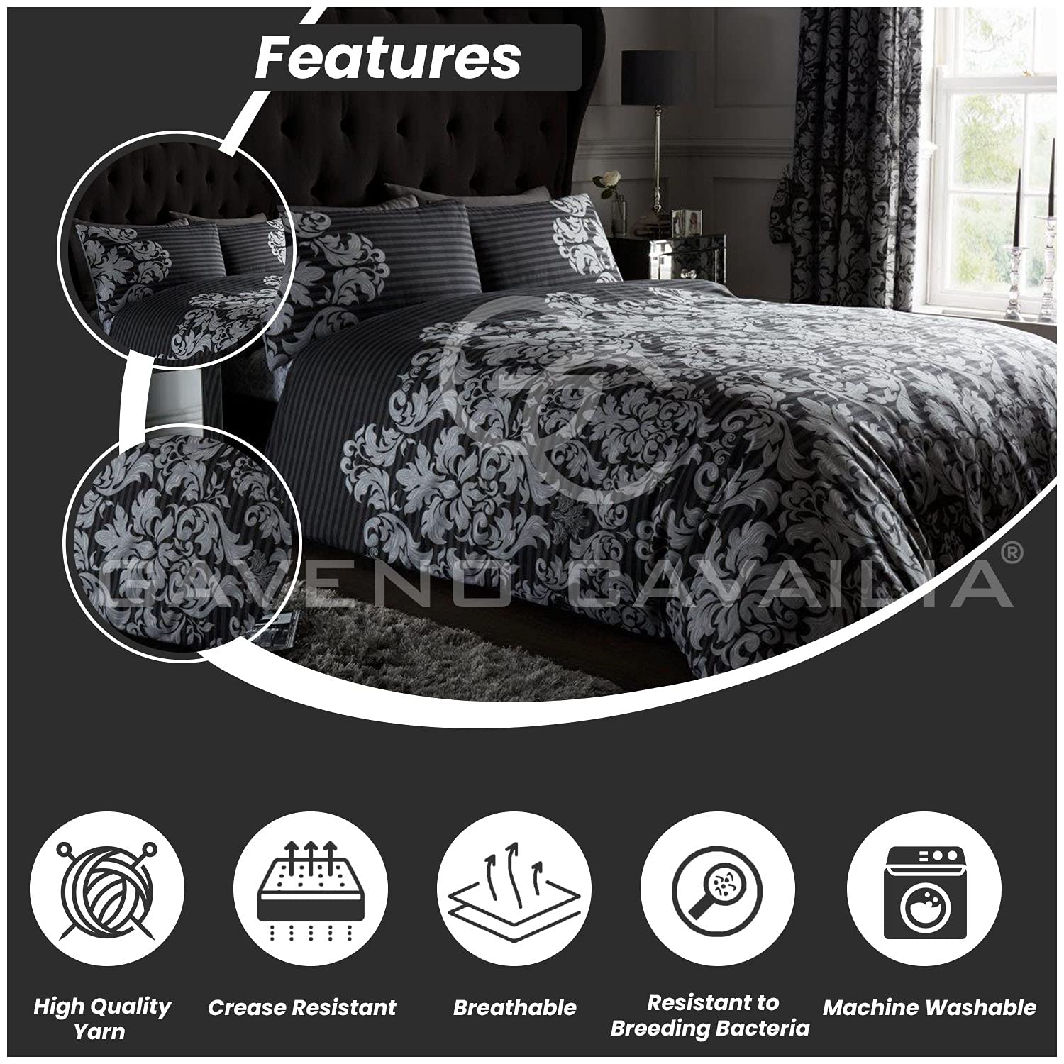 GC GAVENO CAVAILIA Empire Damask King Size Duvet Cover Set | 50% Cotton/50% Polyester | Black 3