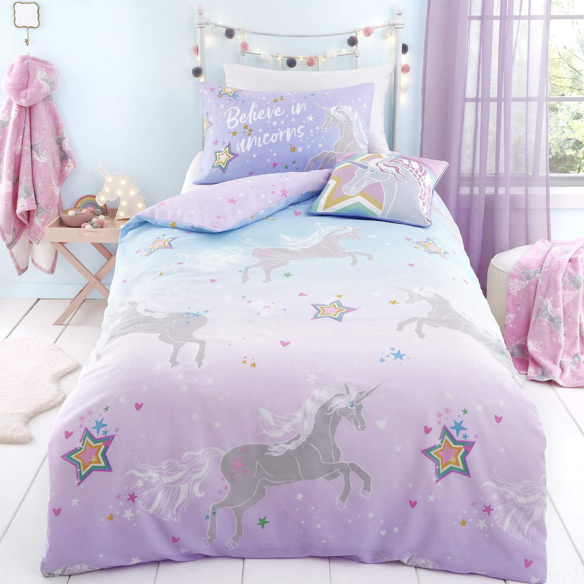 Bedlam Glow in the Dark Unicorn Duvet Cover Set - Single Size (135x200cm) - Lilac 7