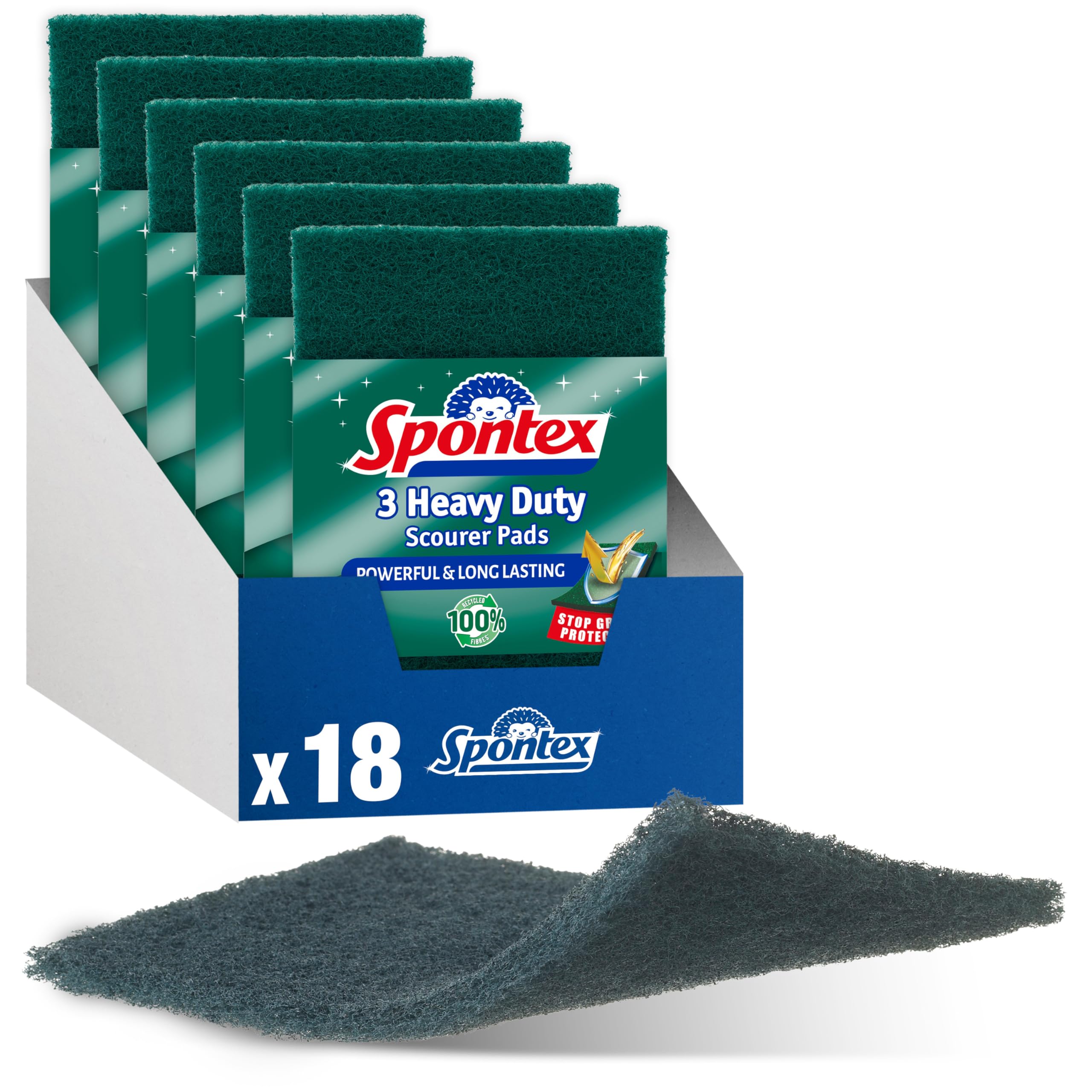 Spontex Heavy Duty Scourer Pads - Anti-Grease System | 18 Count (6 Packs of 3) | Green 1