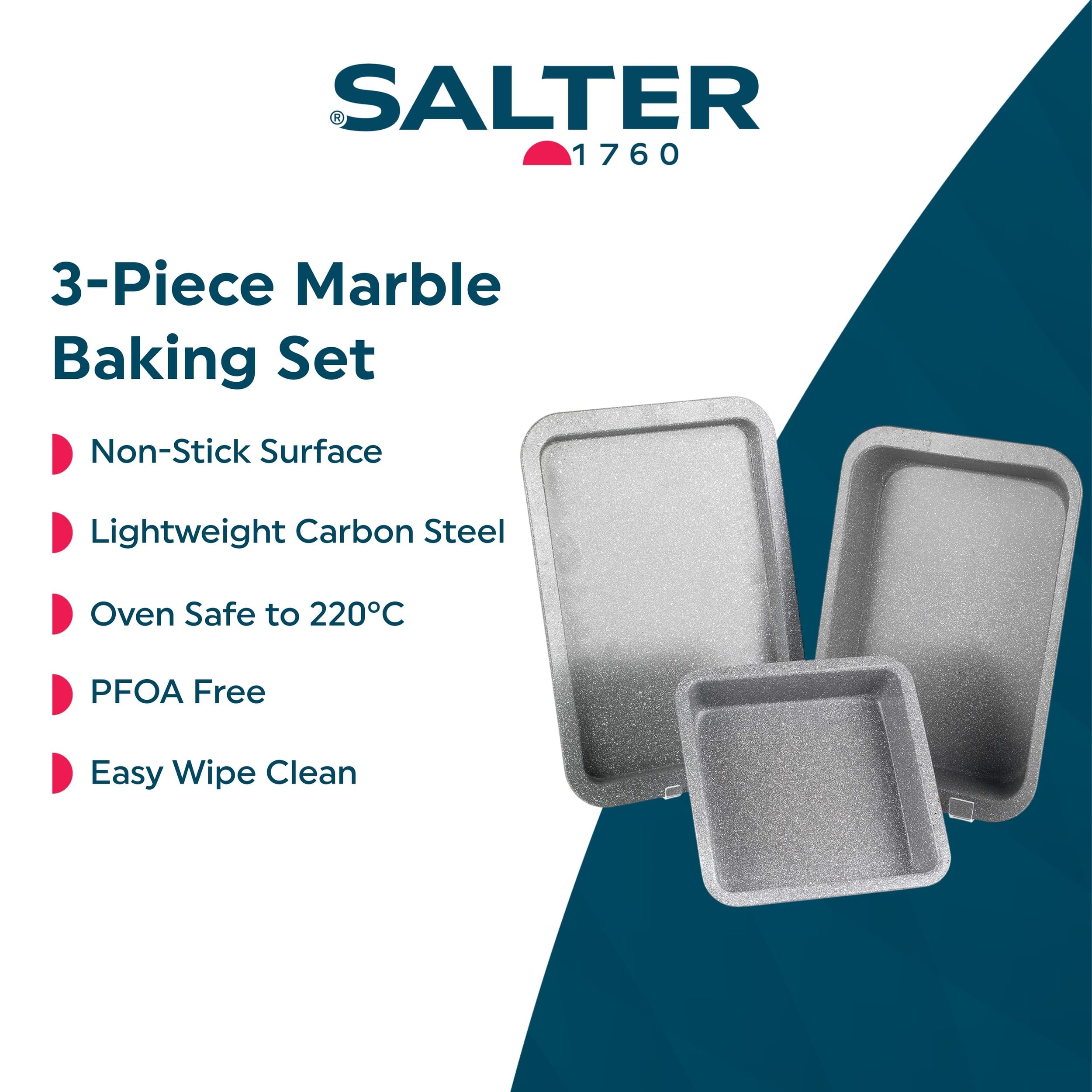Salter Marblestone 3-Piece Baking Set - Non-Stick Carbon Steel Trays, Oven Safe to 220°C