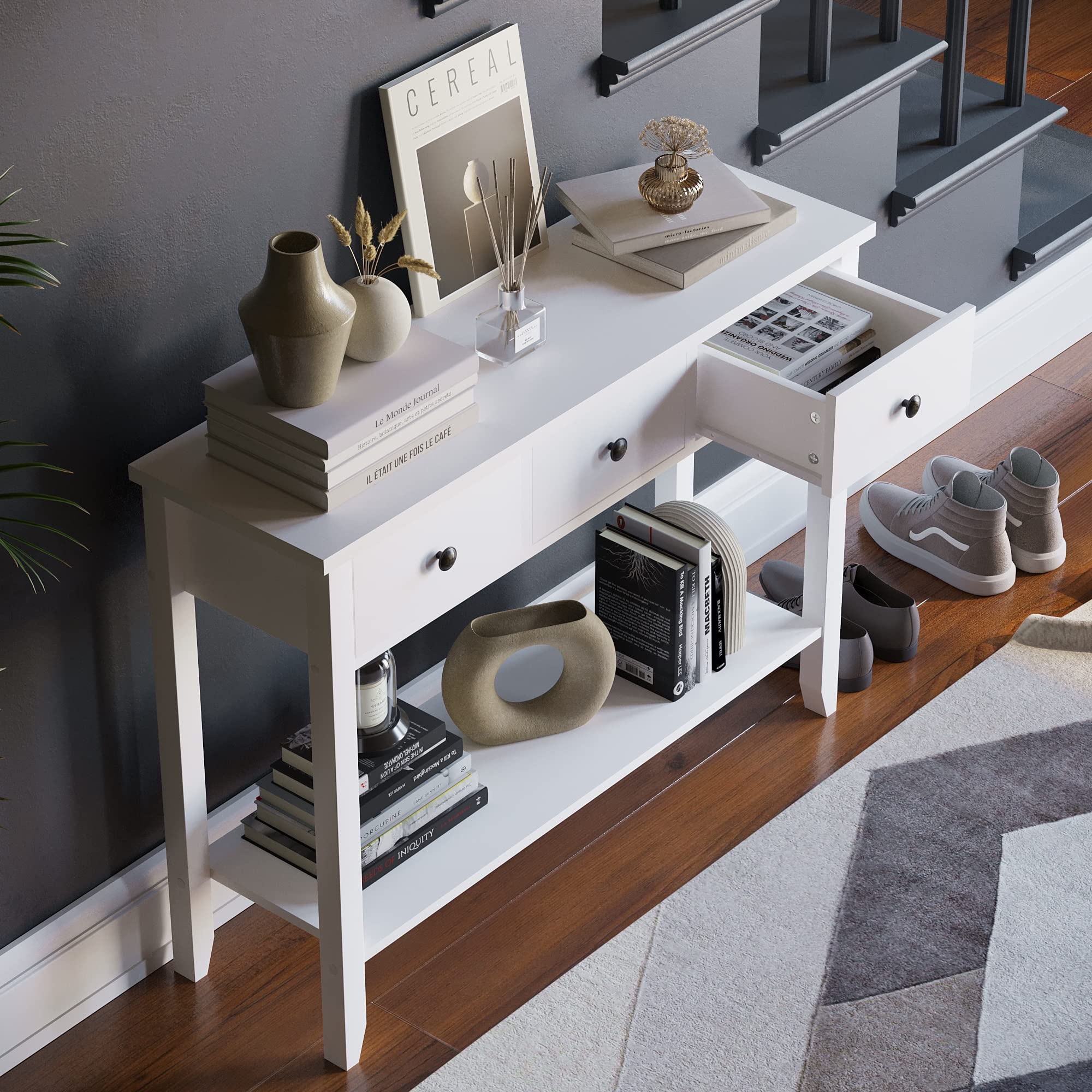 Vida Designs Windsor Console Table - 3 Drawer Storage | White Wood | H 74 x W 100 x D 30 Cm 6