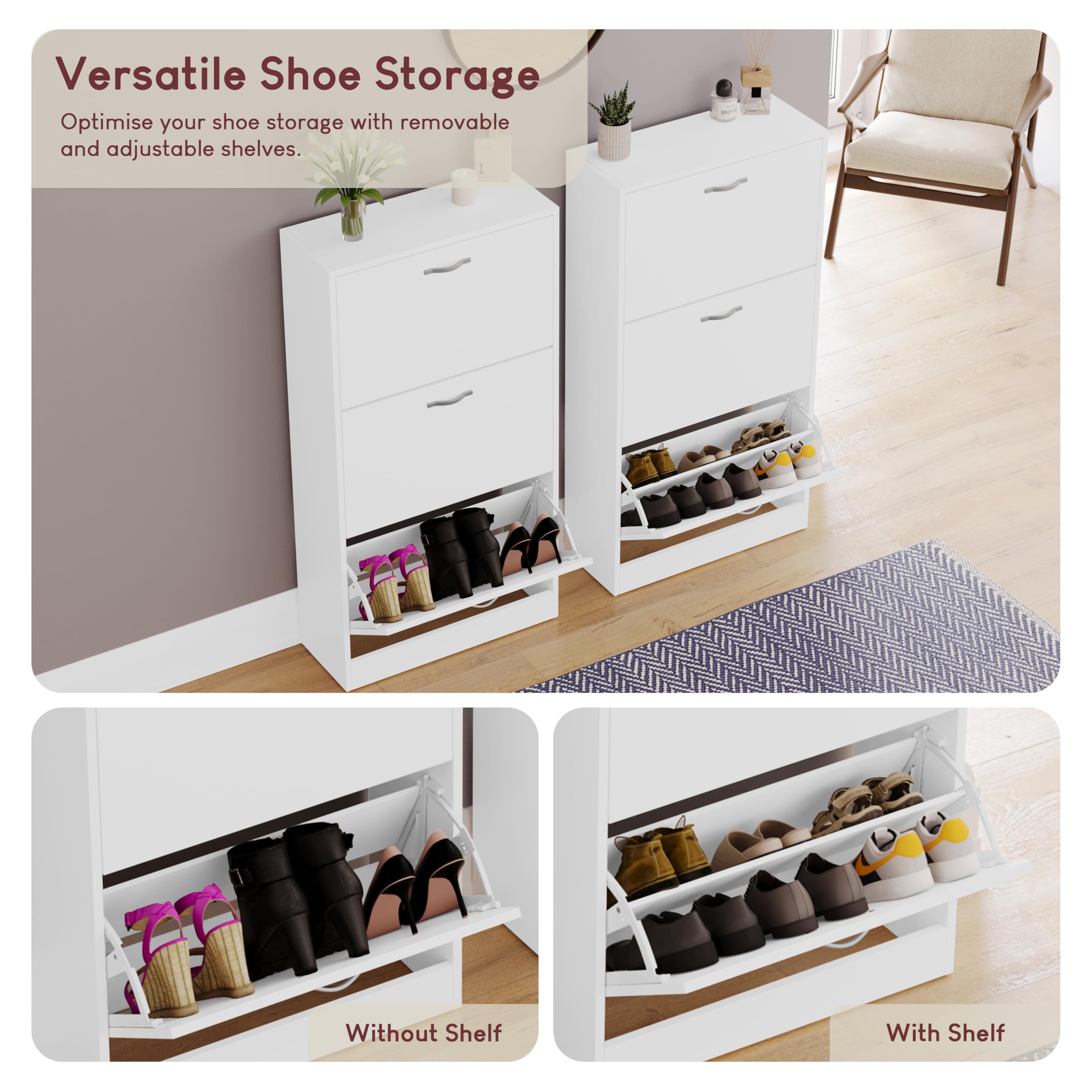 Vida Designs Wooden Shoe Cabinet - 3 Pull-Down Drawers | Slim Entryway Storage | White 6