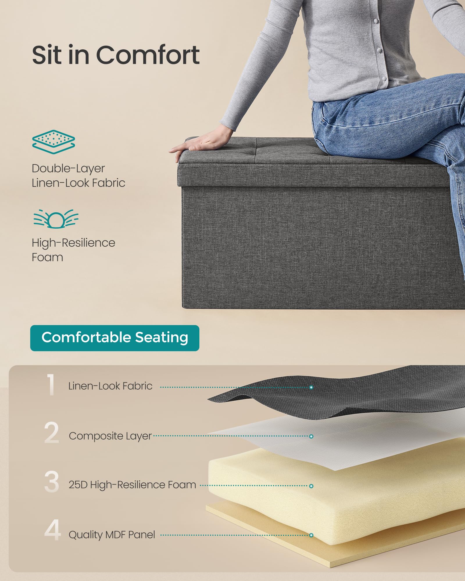 SONGMICS MAZIE Storage Ottoman Bench - 76cm Folding Foot Rest | Dark Grey | 89L Capacity 6
