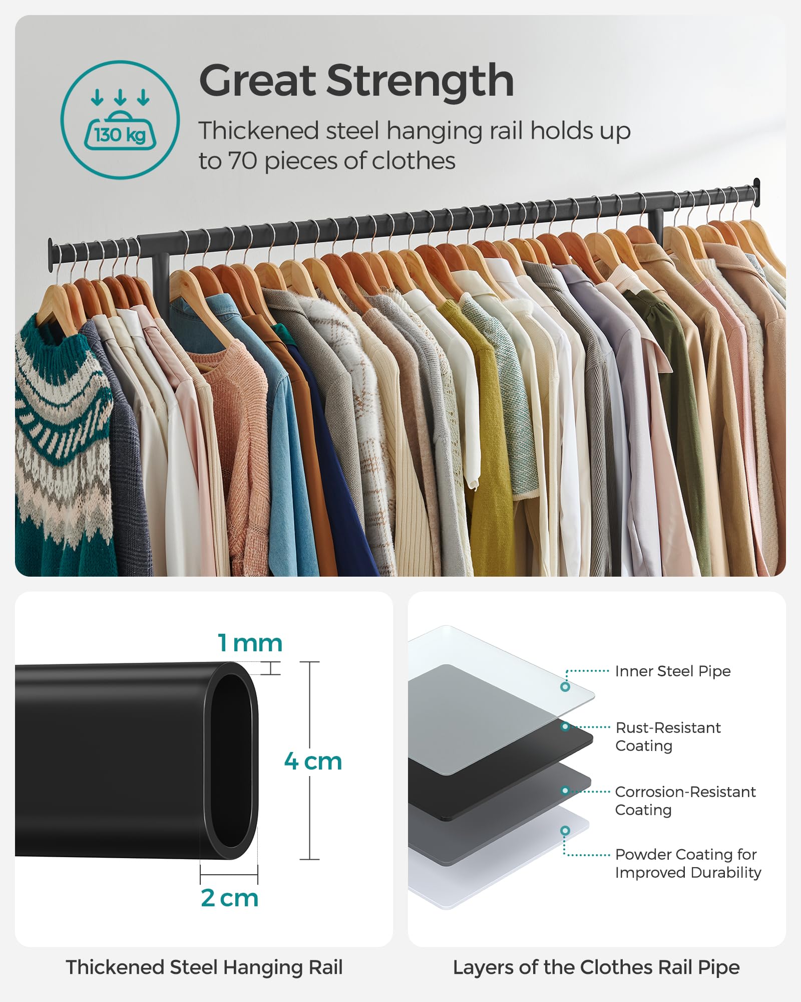 SONGMICS Heavy-Duty Clothes Rack on Wheels - Extendable Rail, 130 kg Capacity | Matte Black 4