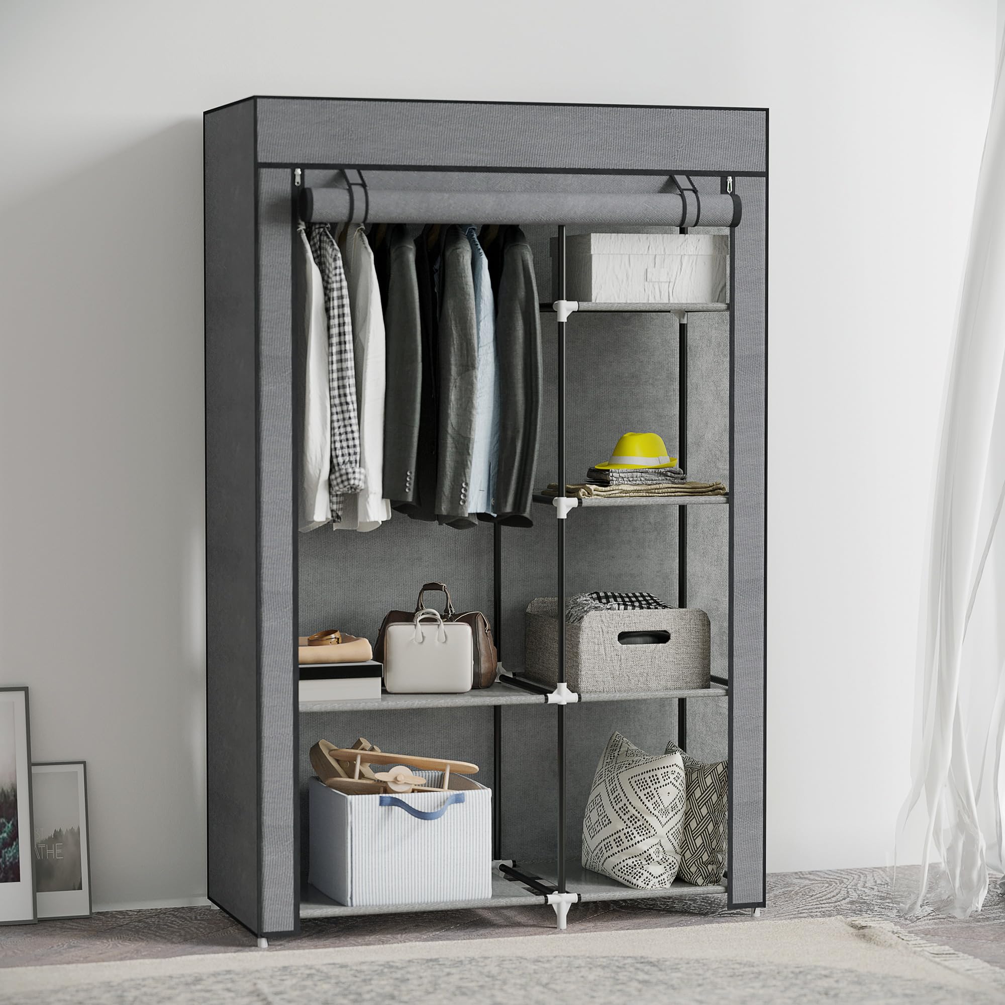 HOMCOM Portable Fabric Wardrobe - 6 Shelves, Hanging Rail | Dark Grey | 103W x 43D x 162.5H cm 2