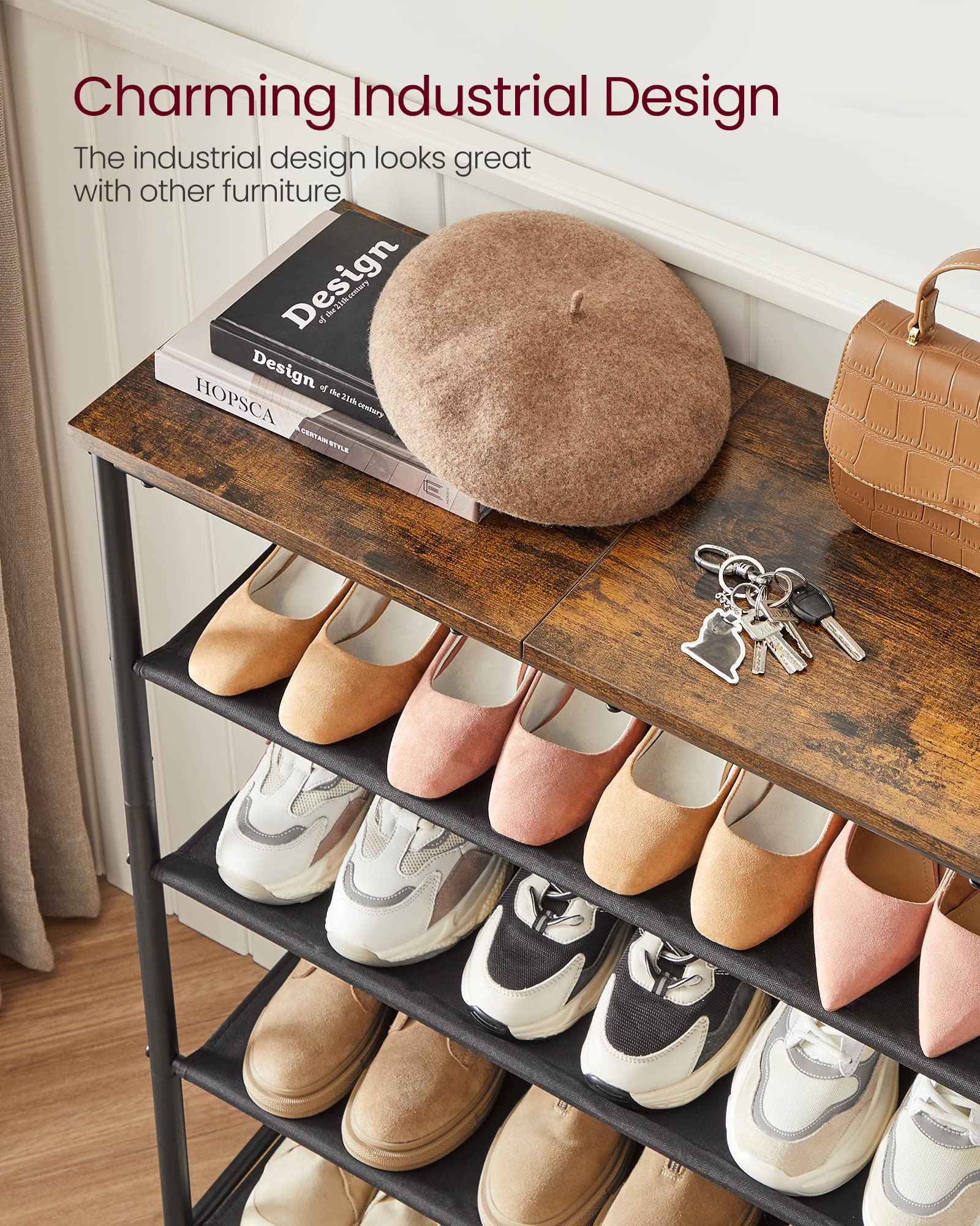 VASAGLE 5 Tier Shoe Rack - Narrow Storage Organiser for Hallway, Rustic Brown+Black 7