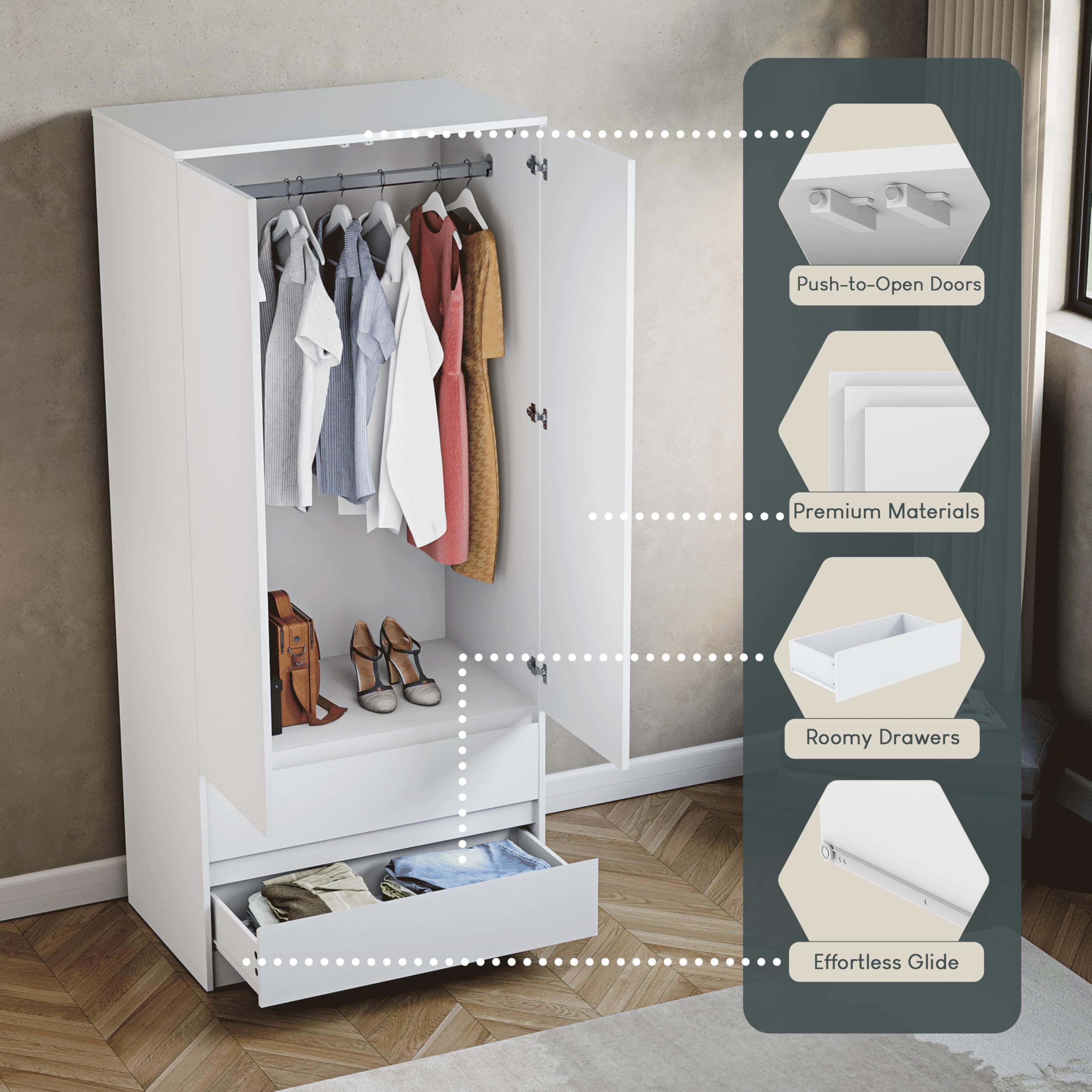 Vida Designs Denver 2 Door Wardrobe with 2 Drawers | H170 x W76 x D47 cm | White 6