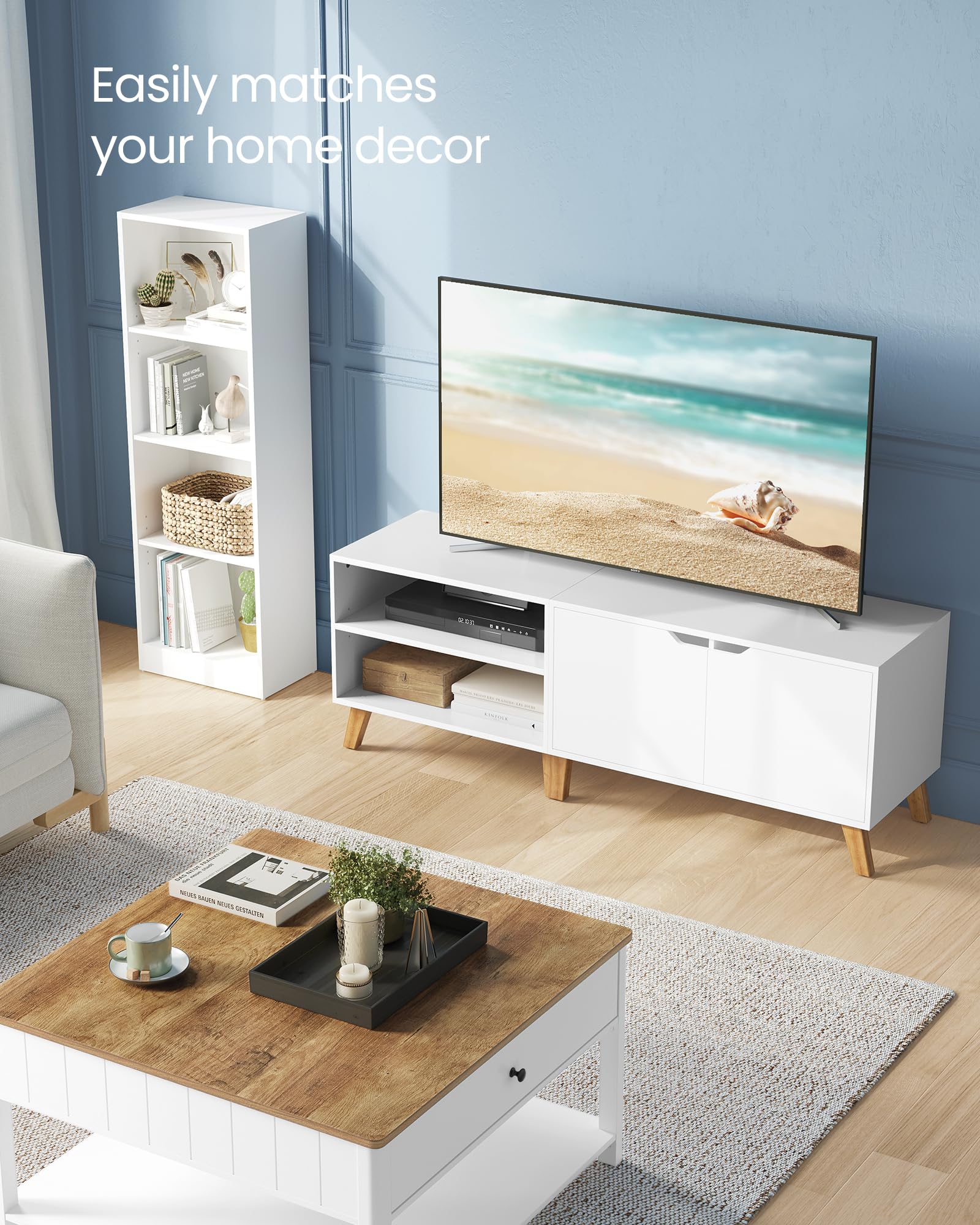 VASAGLE TV Stand - 140 cm Long, White, with 2 Doors & Adjustable Shelves | Engineered Wood 3