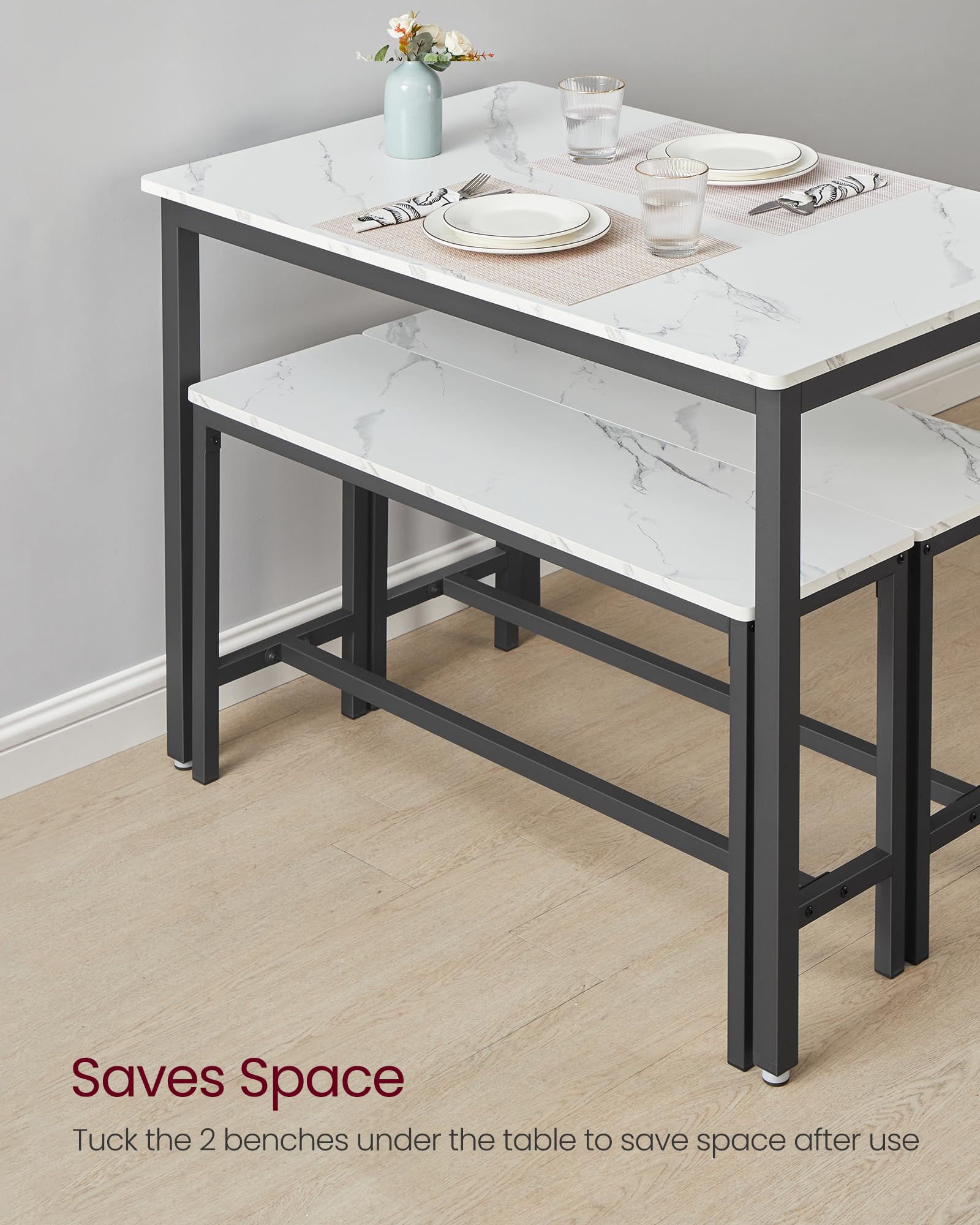 VASAGLE 3-Piece Dining Set with 2 Benches, Marble White & Ink Black | Steel Frame | 70x110cm Table 5